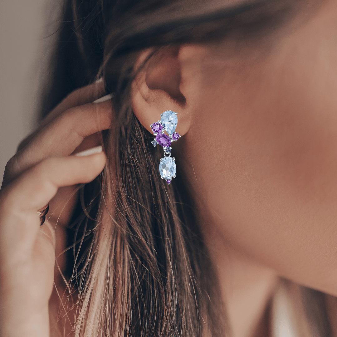 Blue Topaz and Amethyst Statement Earrings Fine Color Jewels $50-100, 925-Sterling-Silver, Amethyst, Blue, Blue Topaz, Dangle, dla-dm-discount-all-143240, dla-dm-discount-all-154898, Oval, Pear, Purple, sale
