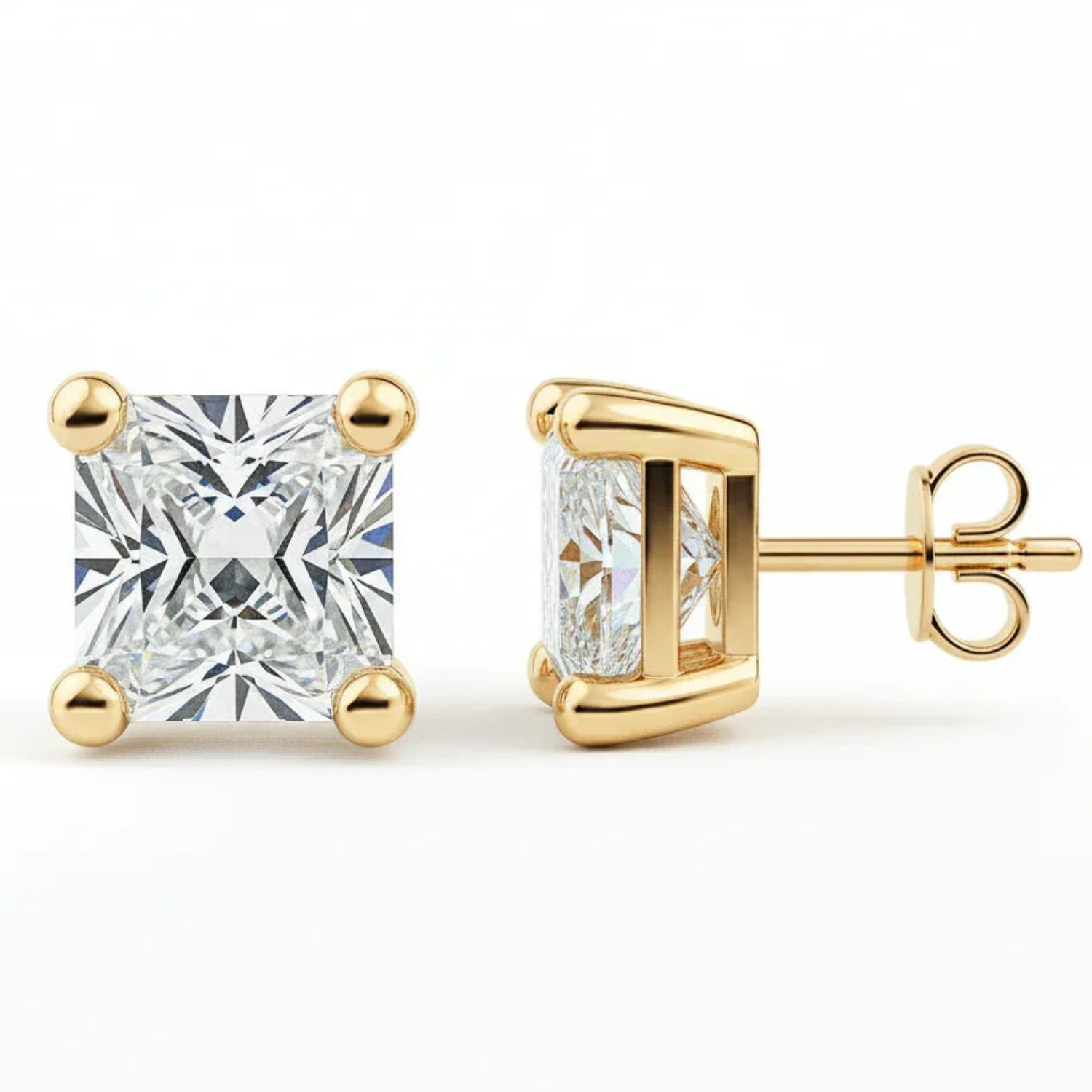 IGI Certified Princess Cut Lab Grown Diamond Solitaire Stud Earrings Yellow Gold