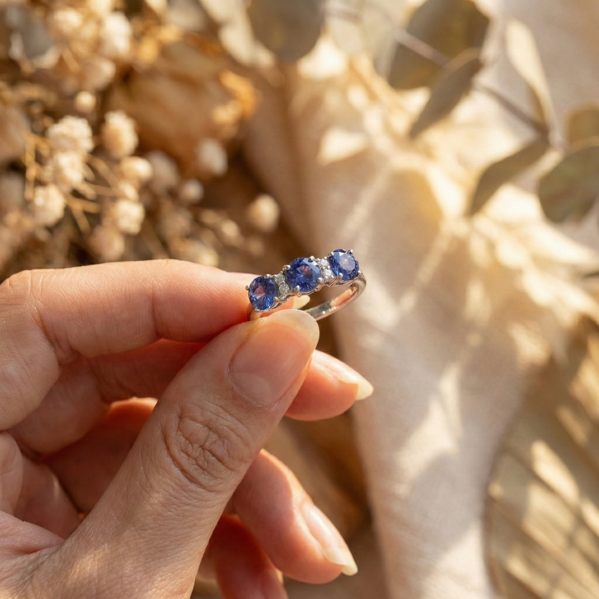 Three Stone Ceylon Blue Sapphire Ring