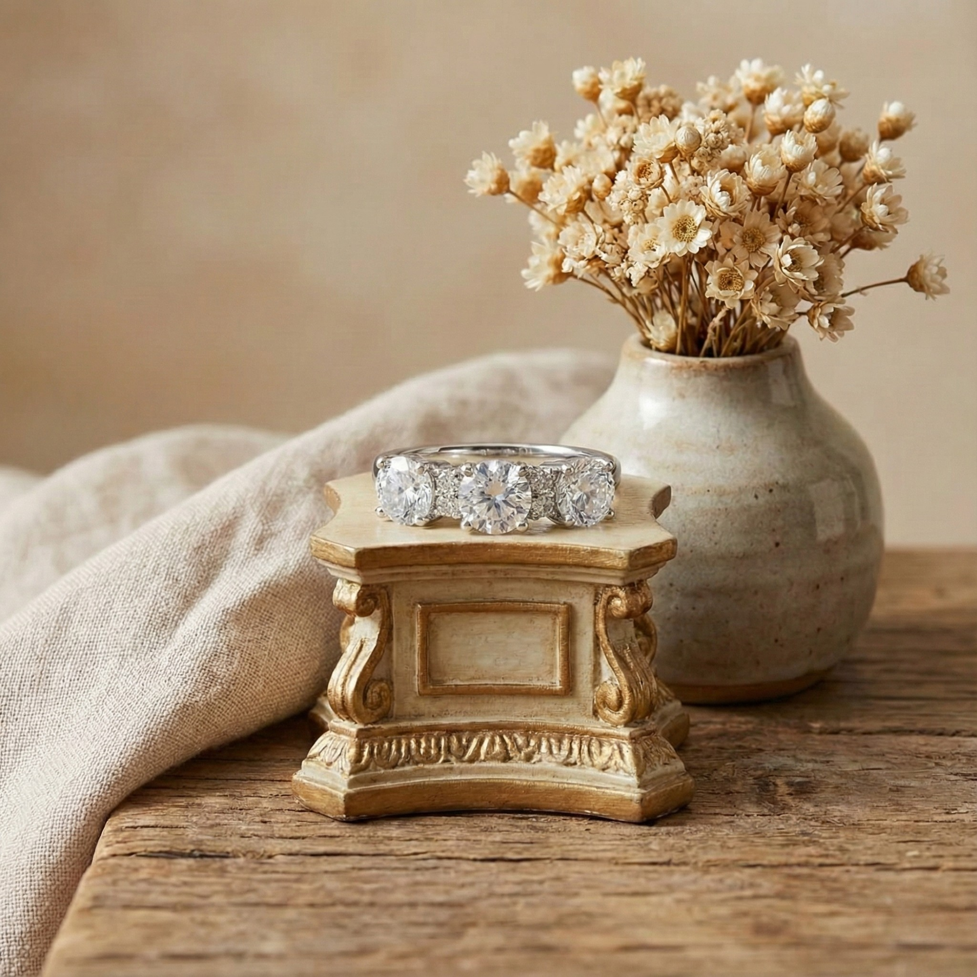 Bague à trois pierres avec topaze blanche