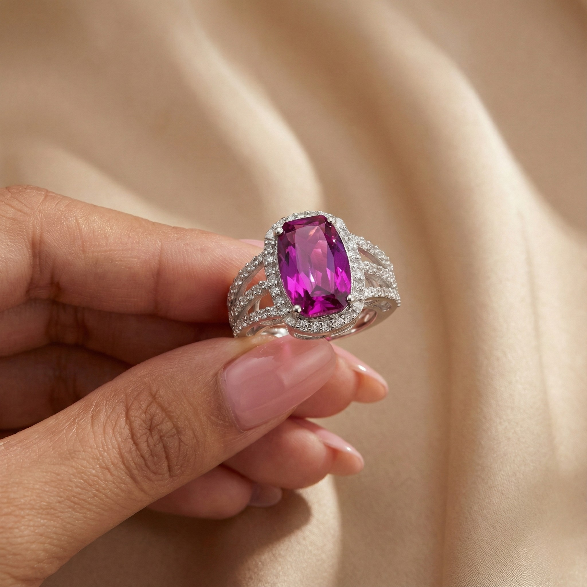Anillo llamativo con zafiro morado en forma de cojín