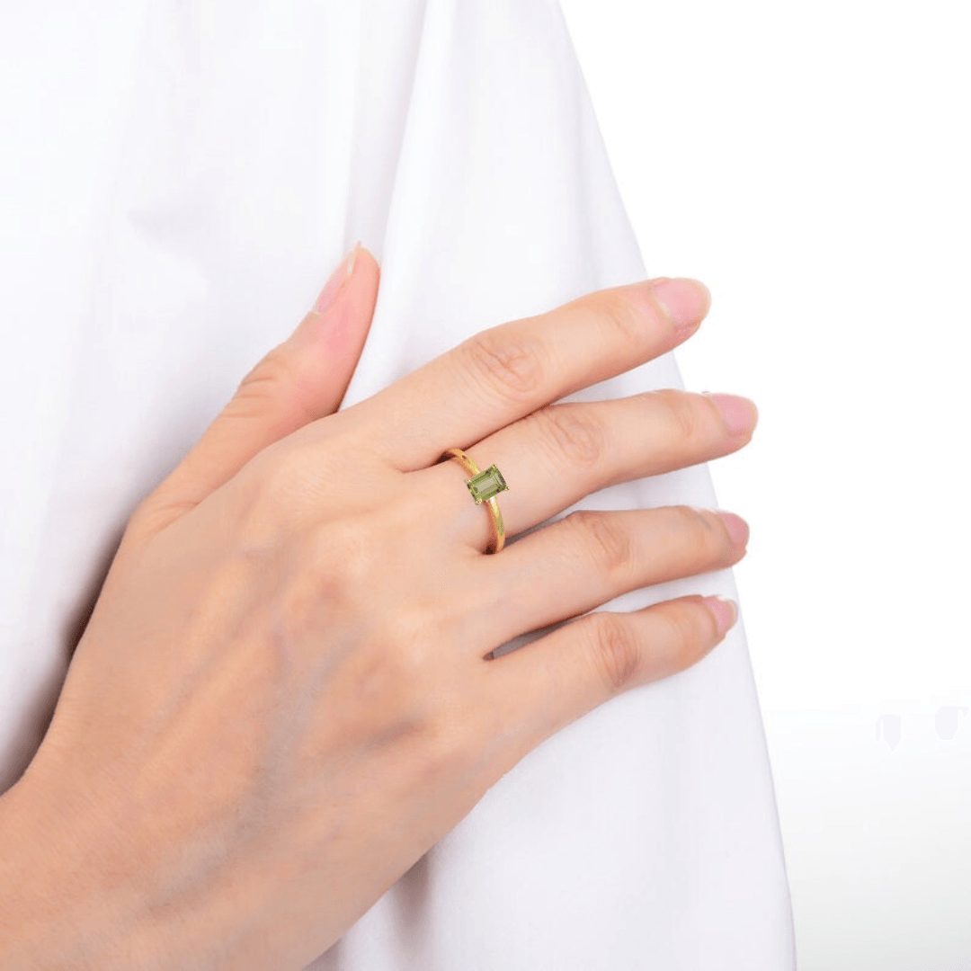 Gold Peridot Ring Solitaire Octagon Ring Peridot Solitaire Ring