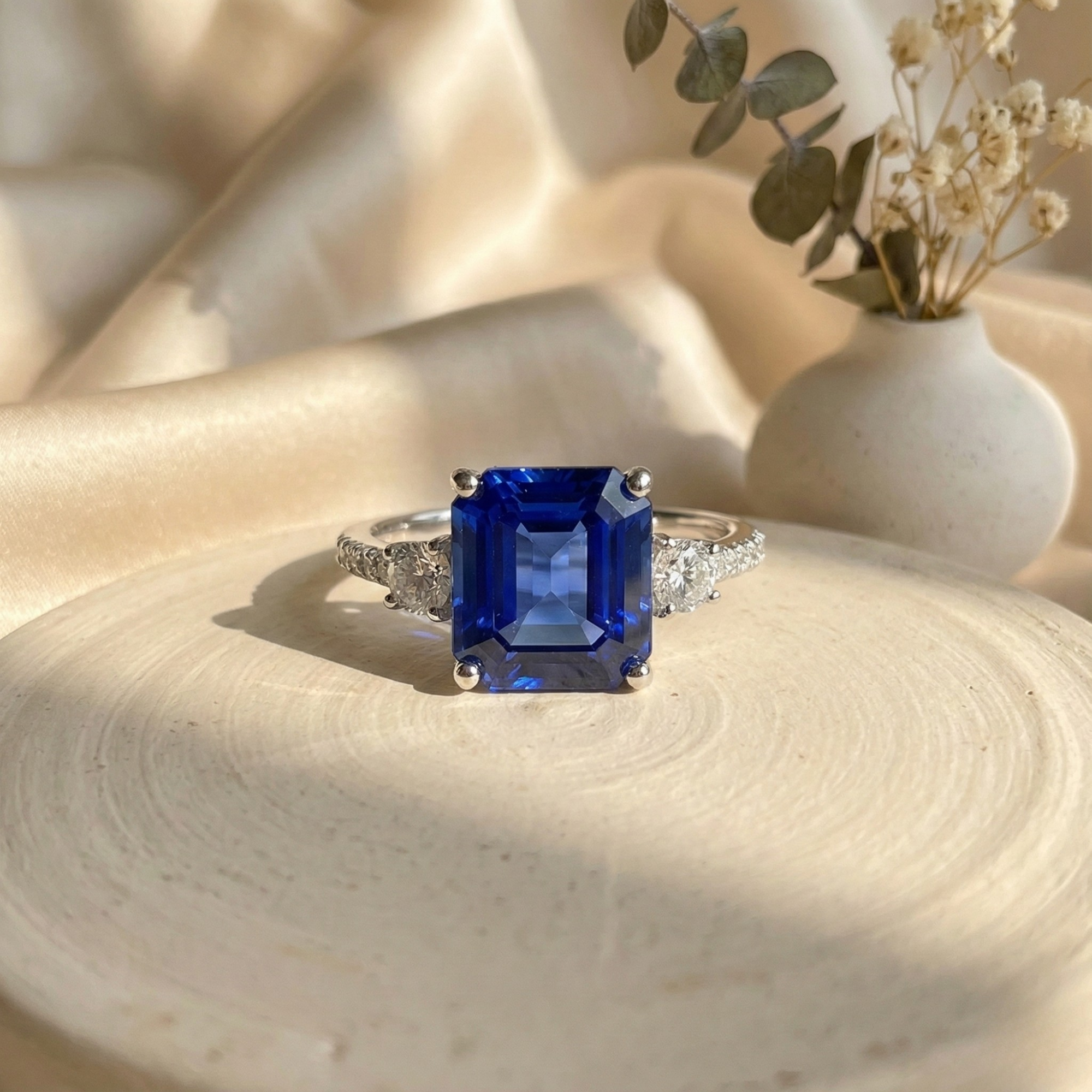 Anillo de tres piedras con zafiro de Ceilán tallado Asscher