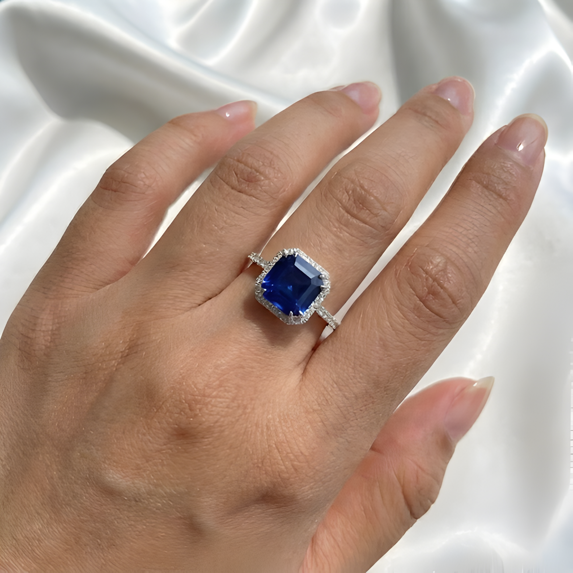 Ceylon Sapphire Asscher Cut Halo Ring