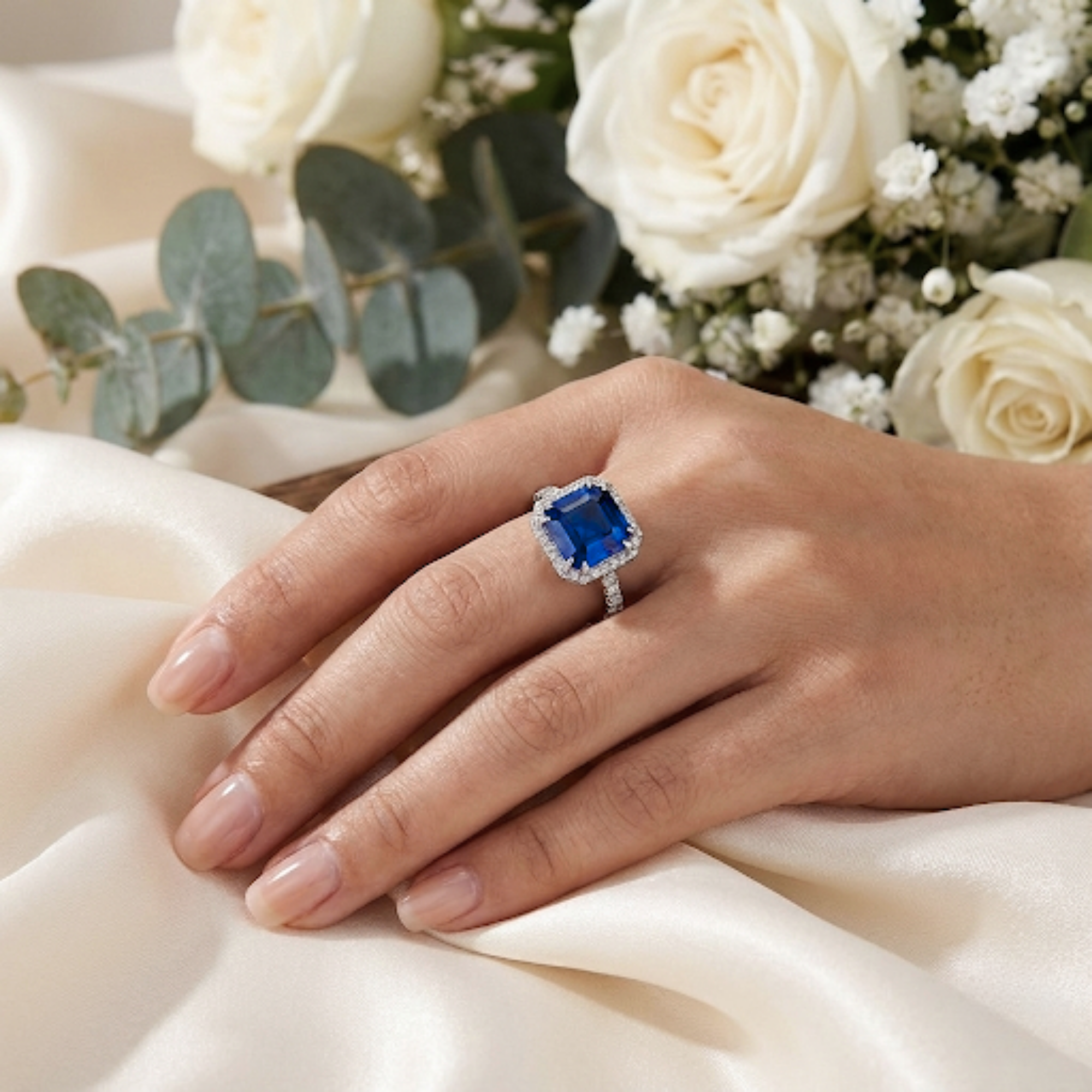 Ceylon Sapphire Asscher Cut Halo Ring
