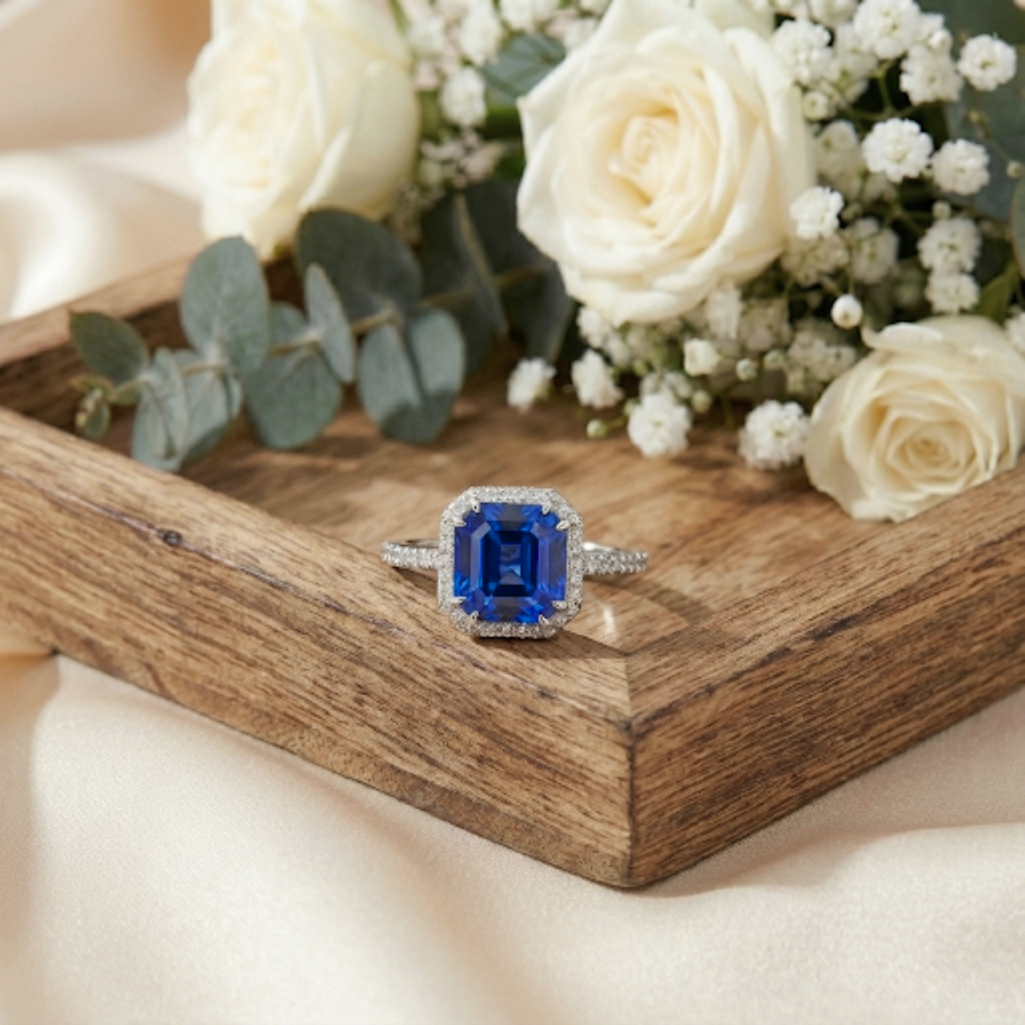 Ceylon Sapphire Asscher Cut Halo Ring