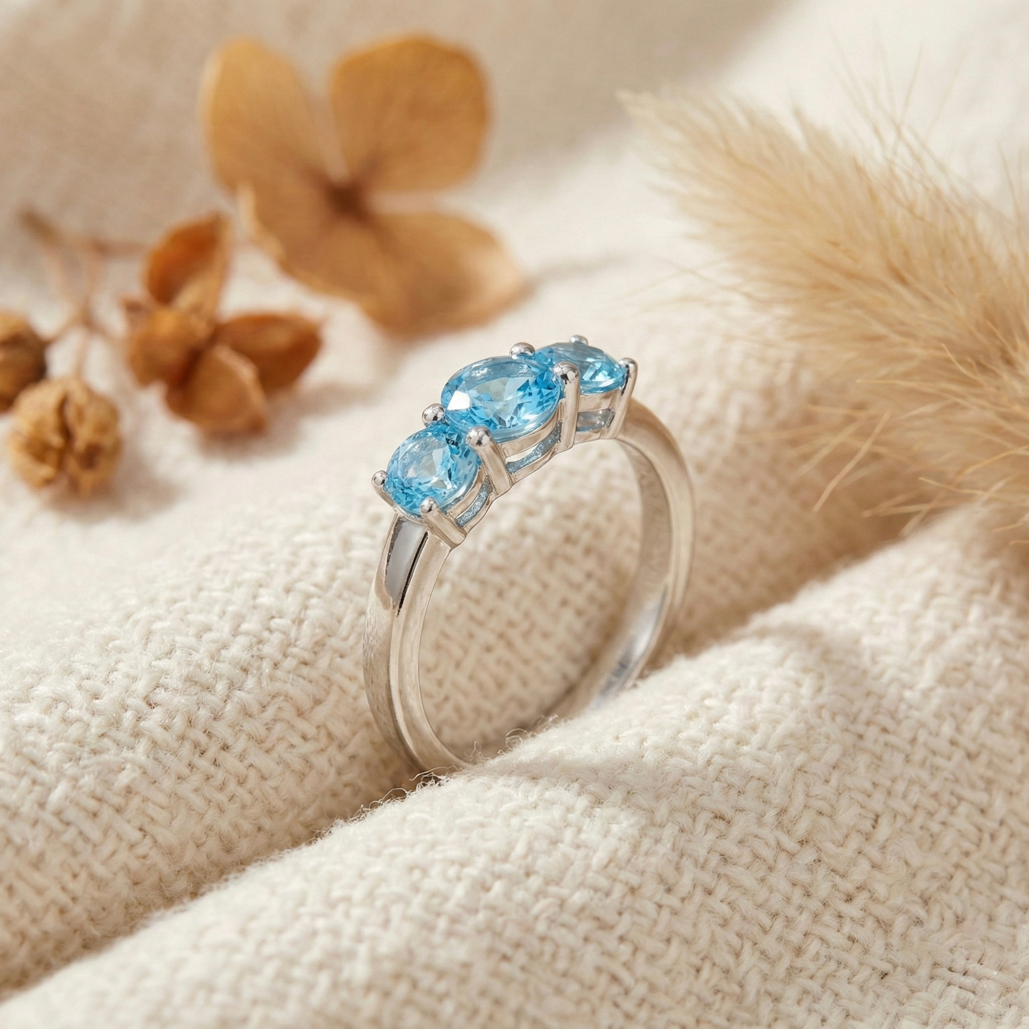 Natural Blue Paraiba Apatite Three Stone Ring