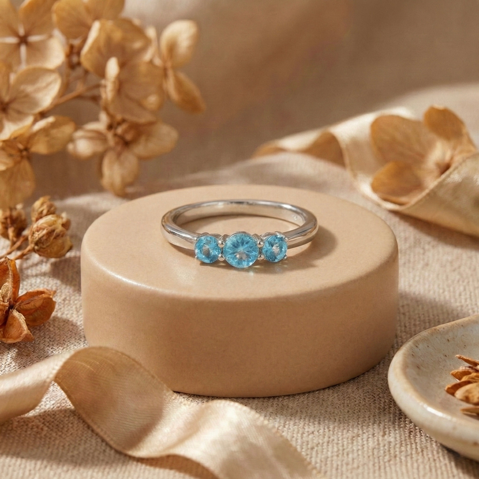 Natural Blue Paraiba Apatite Three Stone Ring