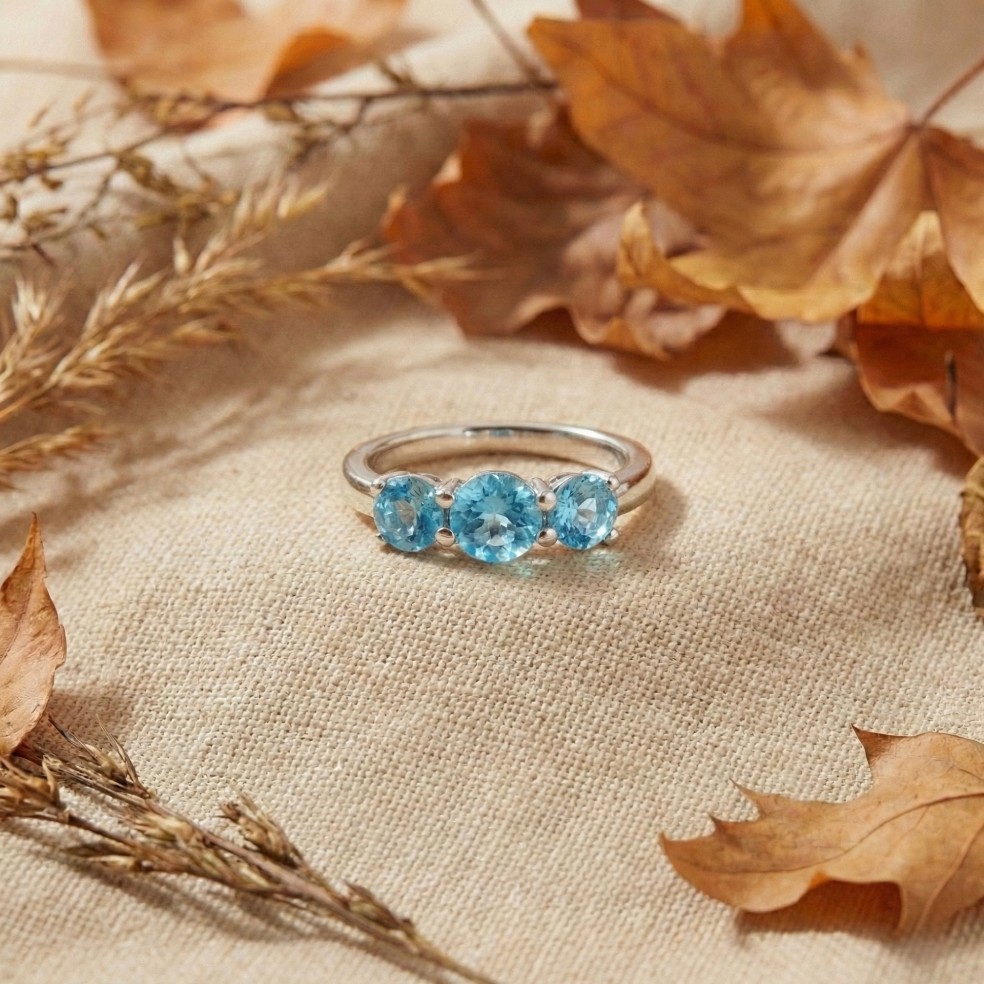 Natural Blue Paraiba Apatite Three Stone Ring