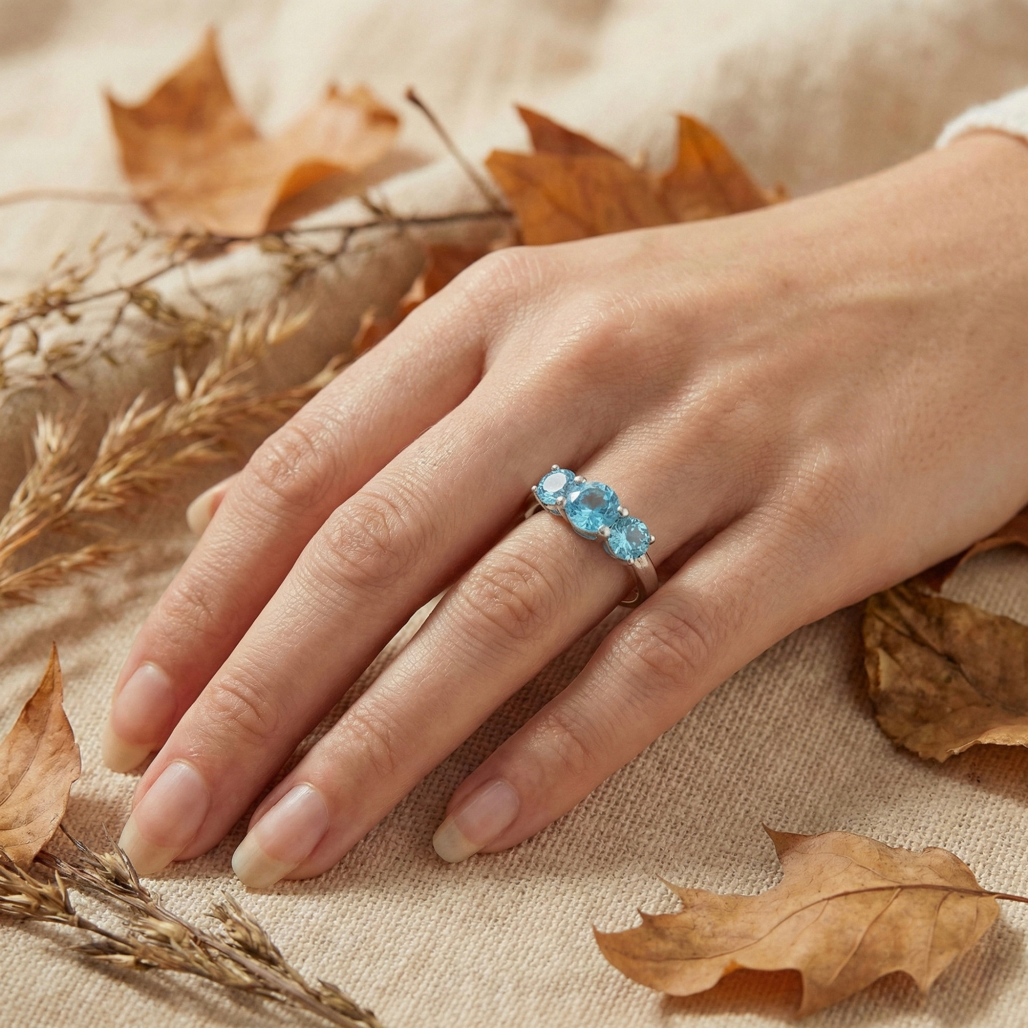 Natural Blue Paraiba Apatite Three Stone Ring