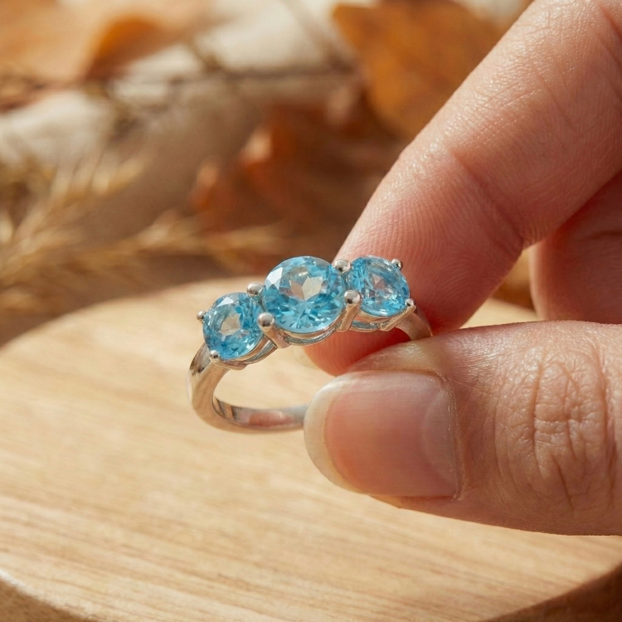 Natural Blue Paraiba Apatite Three Stone Ring