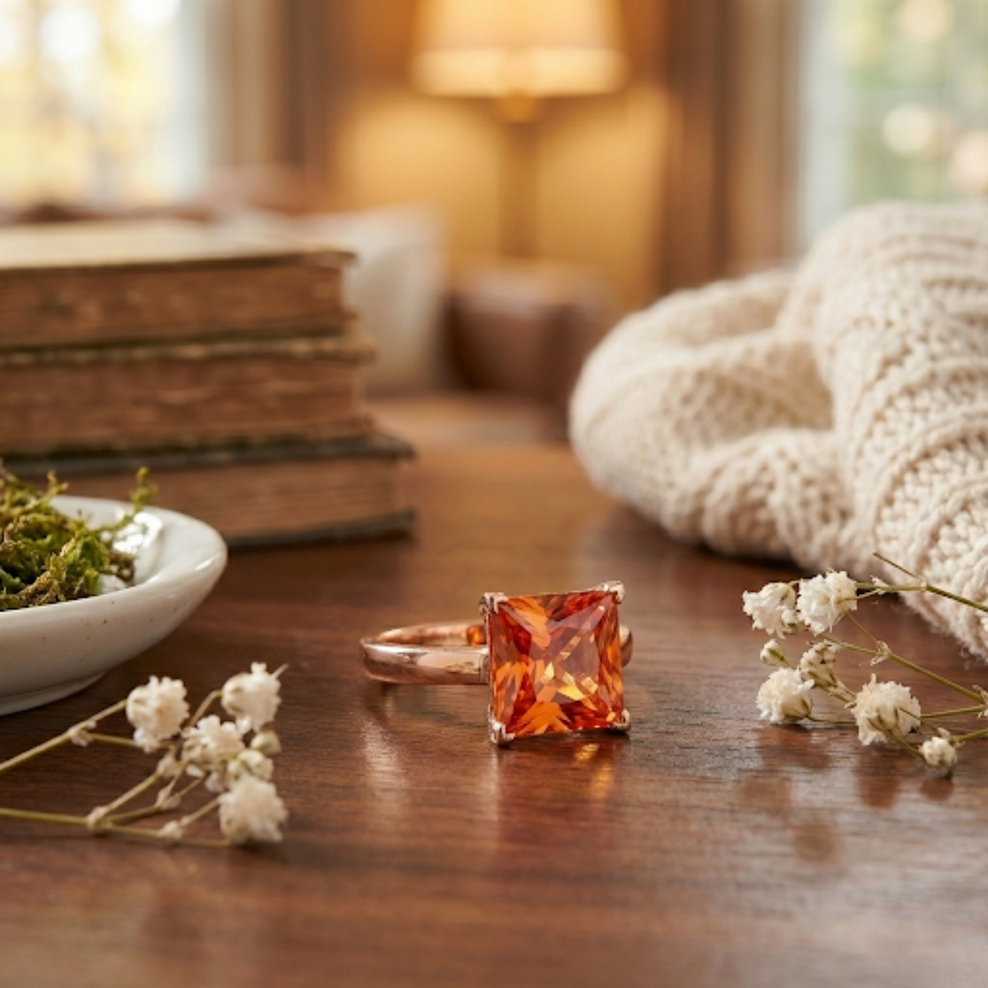 Anillo de oro rosa con zafiro color melocotón