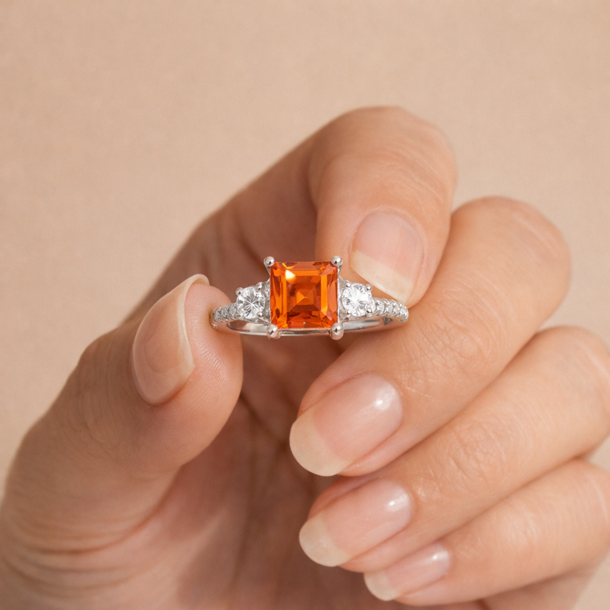 Bague à trois pierres en saphir pêche