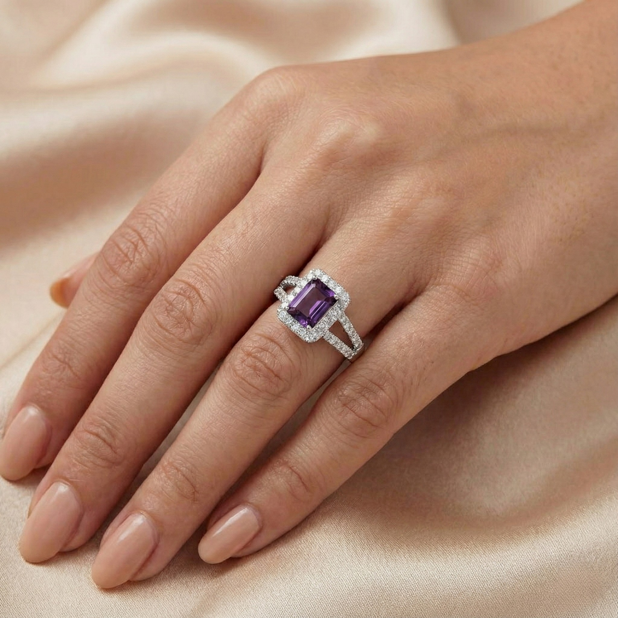 Natural Amethyst Octagon Halo Ring
