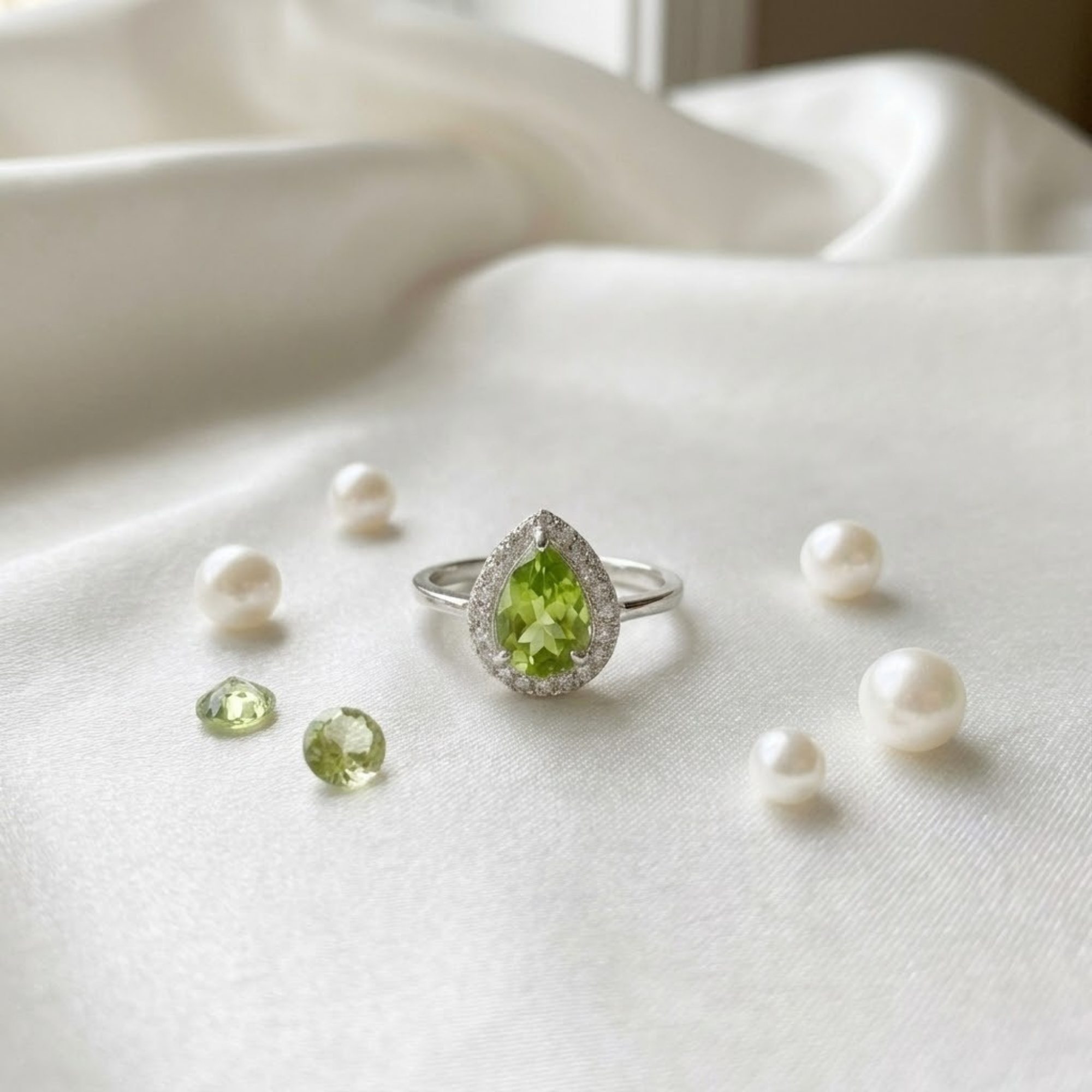 Natural Green Peridot Teardrop Halo Ring