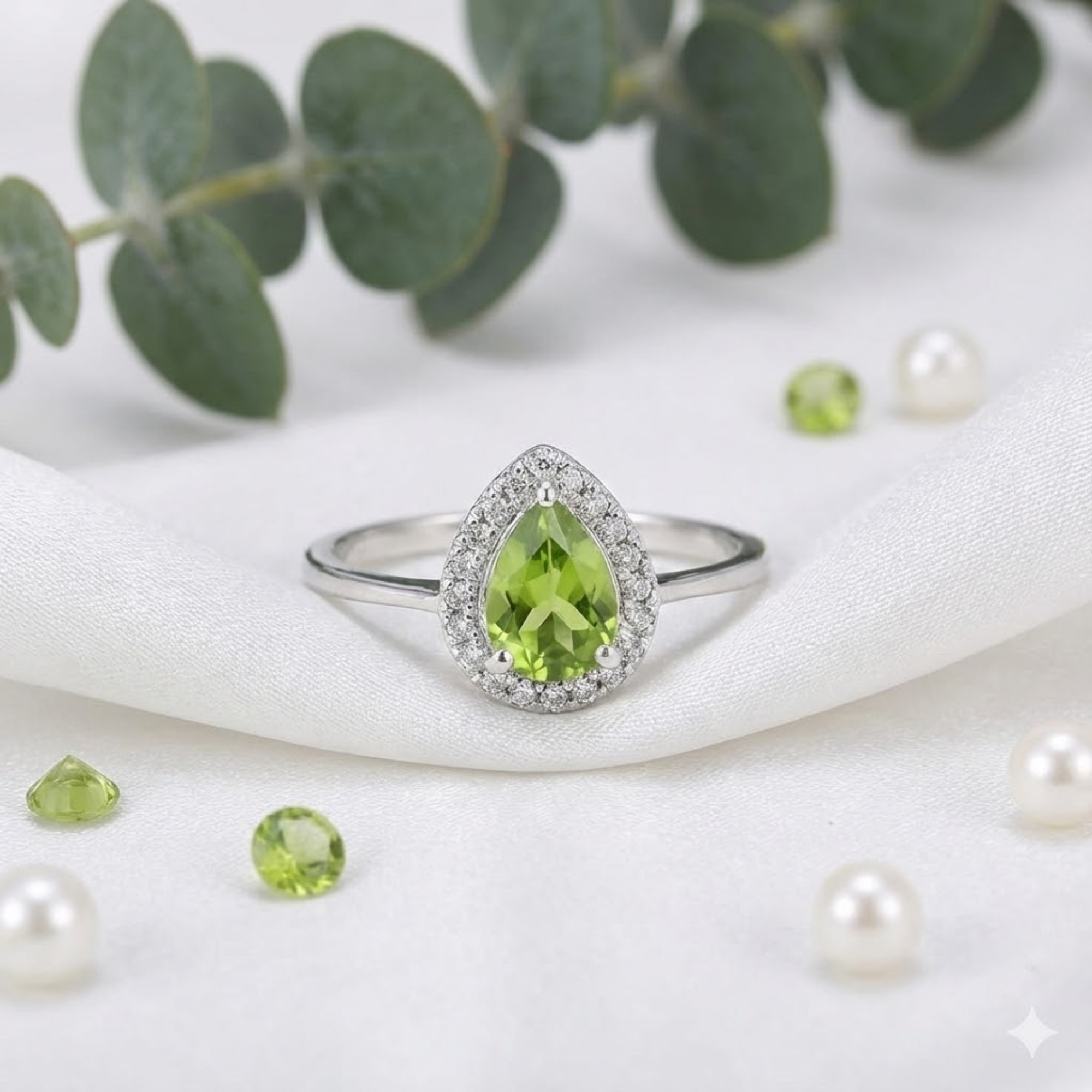 Natural Green Peridot Teardrop Halo Ring