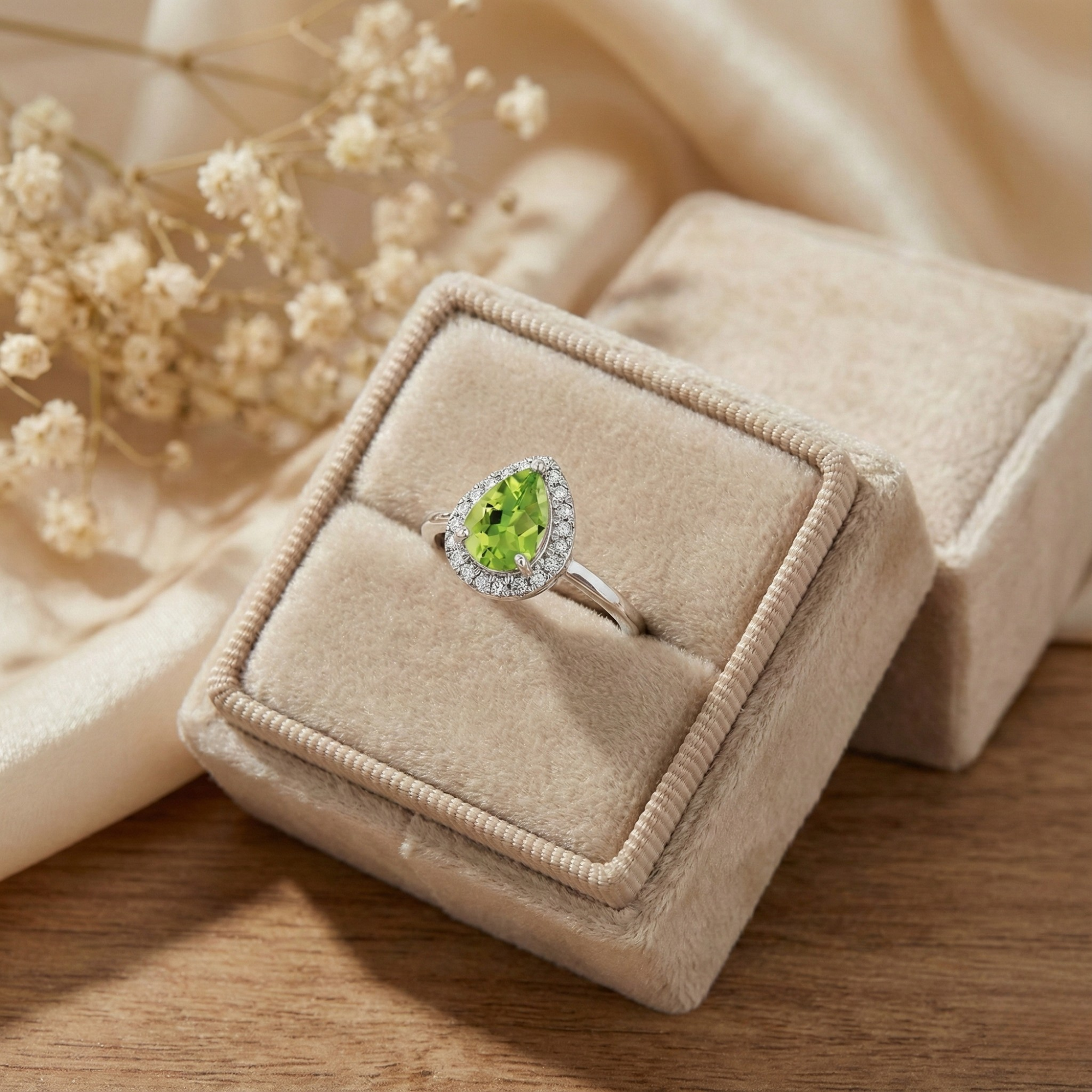 Natural Green Peridot Teardrop Halo Ring