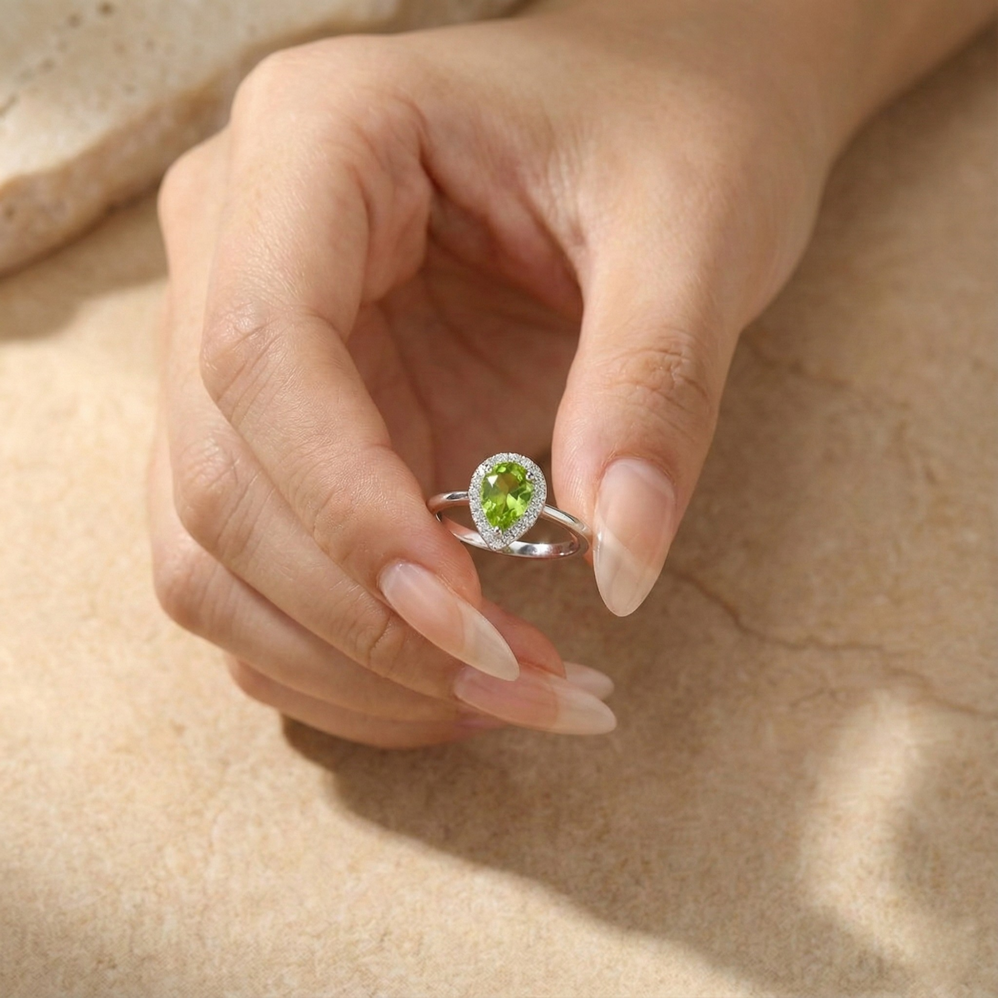 Natural Green Peridot Teardrop Halo Ring