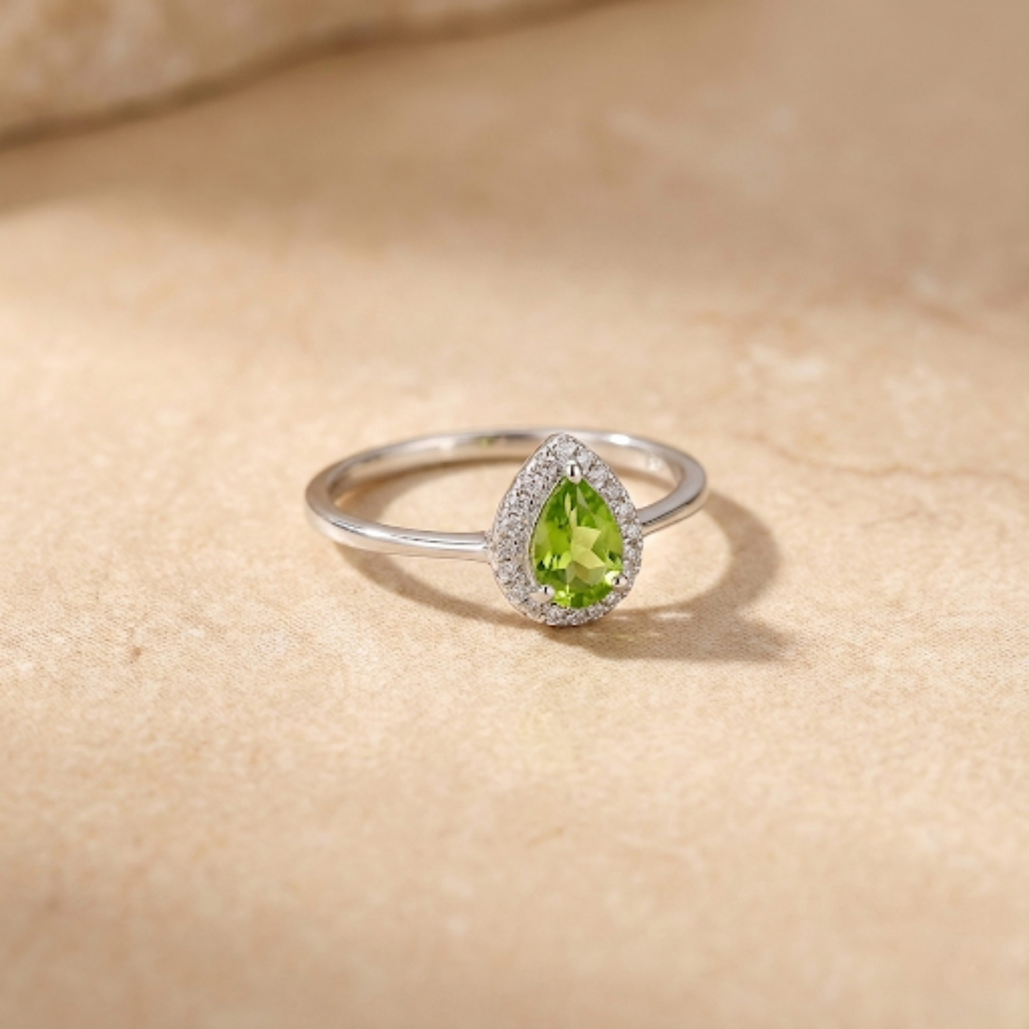 Natural Green Peridot Teardrop Halo Ring