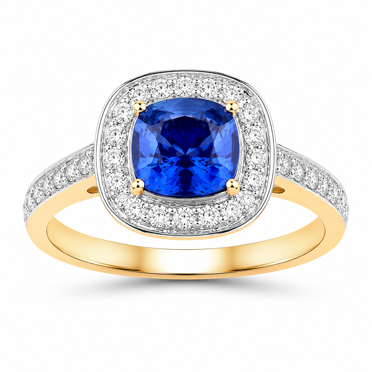 1.31 Ct Cushion Blue Sapphire and White Diamond Prong 18K Yellow Gold Halo Pave Bridge Ring