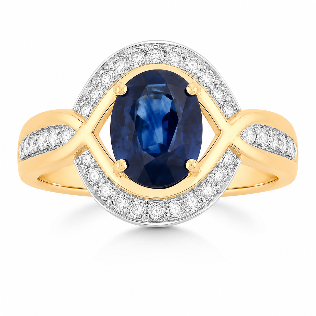 2.37 Ct Oval Ceylon Blue Sapphire and White Diamond Prong 18K Yellow Gold Pave Halo Statement Ring