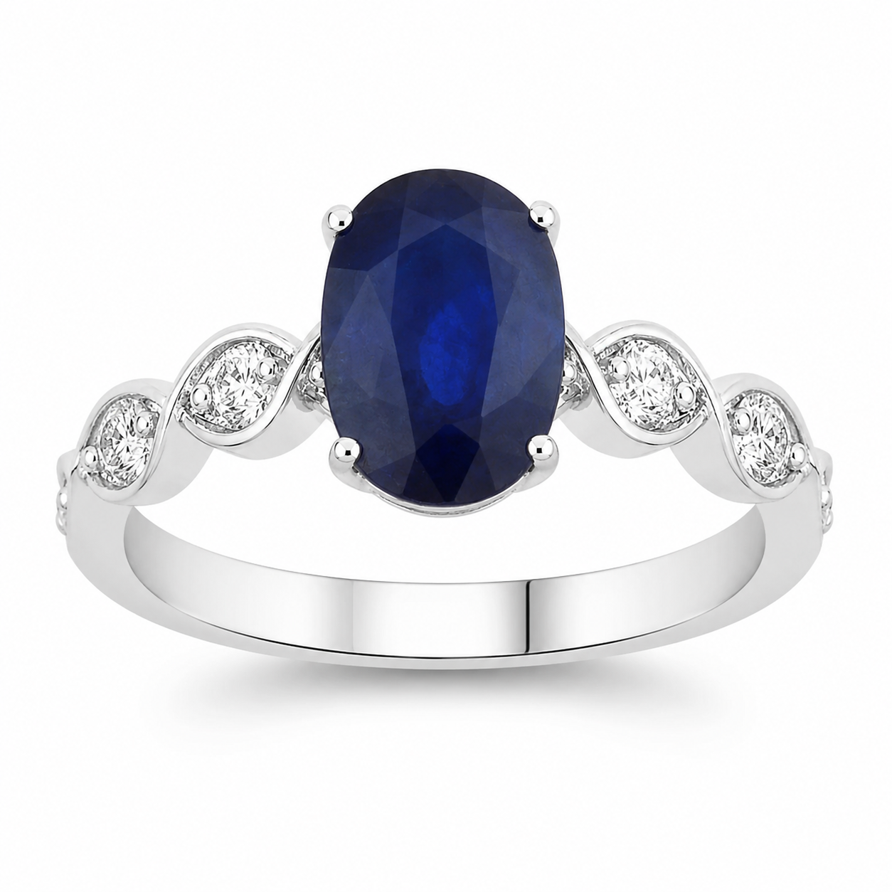 2.57 Ct Oval Ceylon Blue Sapphire and White Diamond Prong 18K White Gold Crossover Wedding Ring