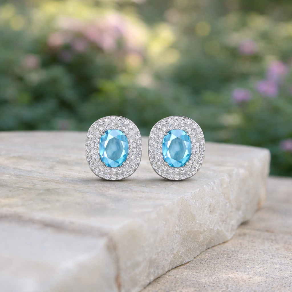 Genuine Diamond and Aquamarine Oval Stud Earrings