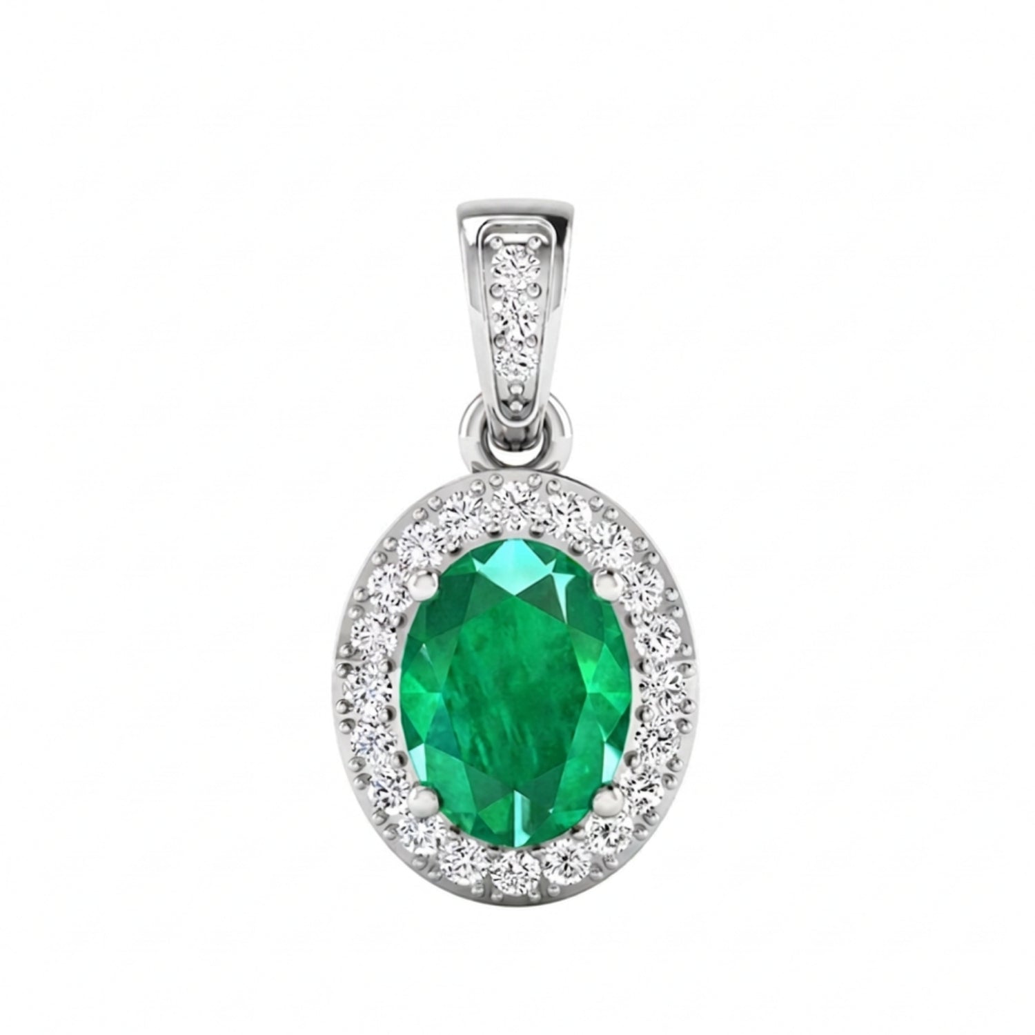 Colgante de oro blanco de 14 quilates con esmeralda de Zambia y diamantes blancos