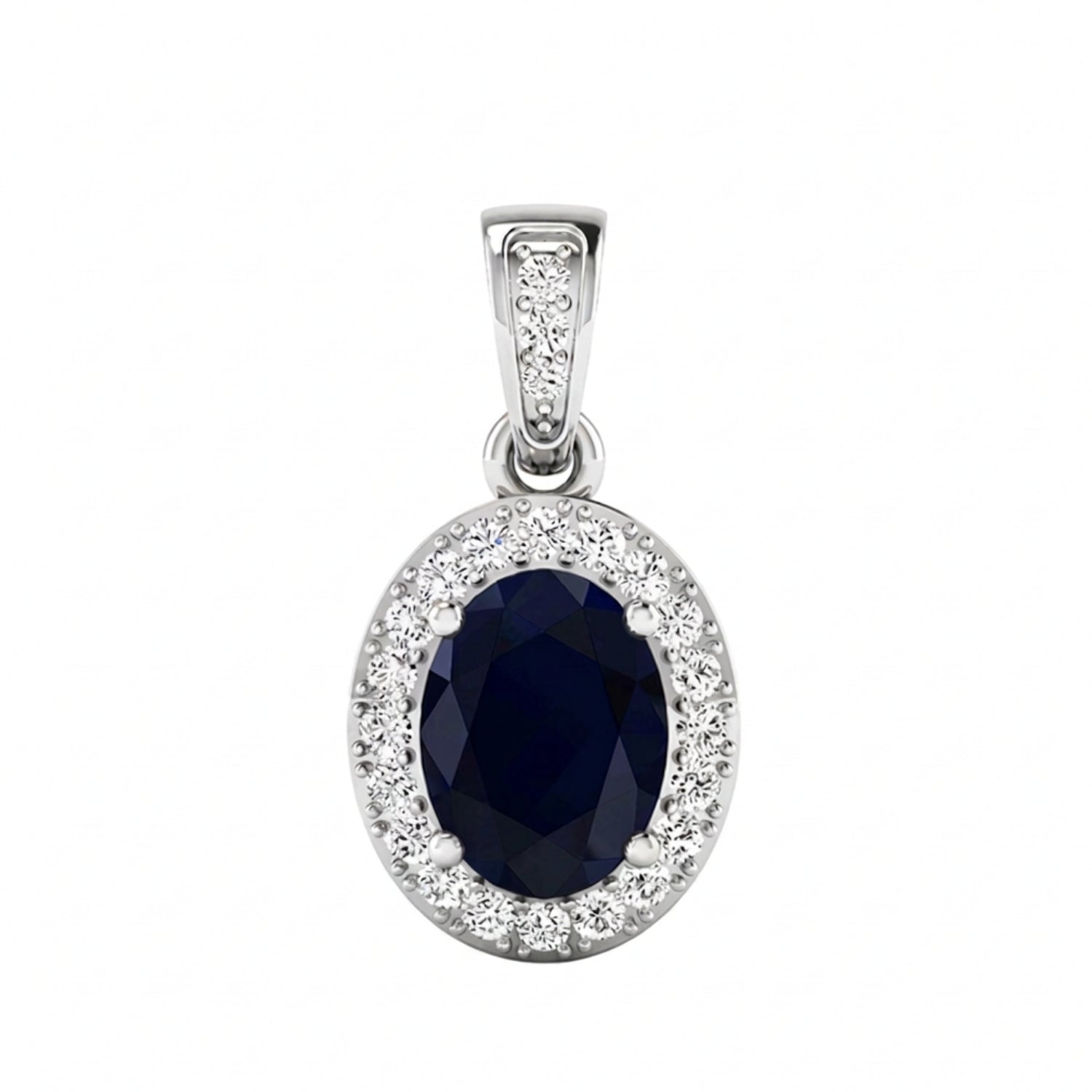 Colgante de oro blanco de 14 quilates con zafiro azul y halo de diamantes blancos