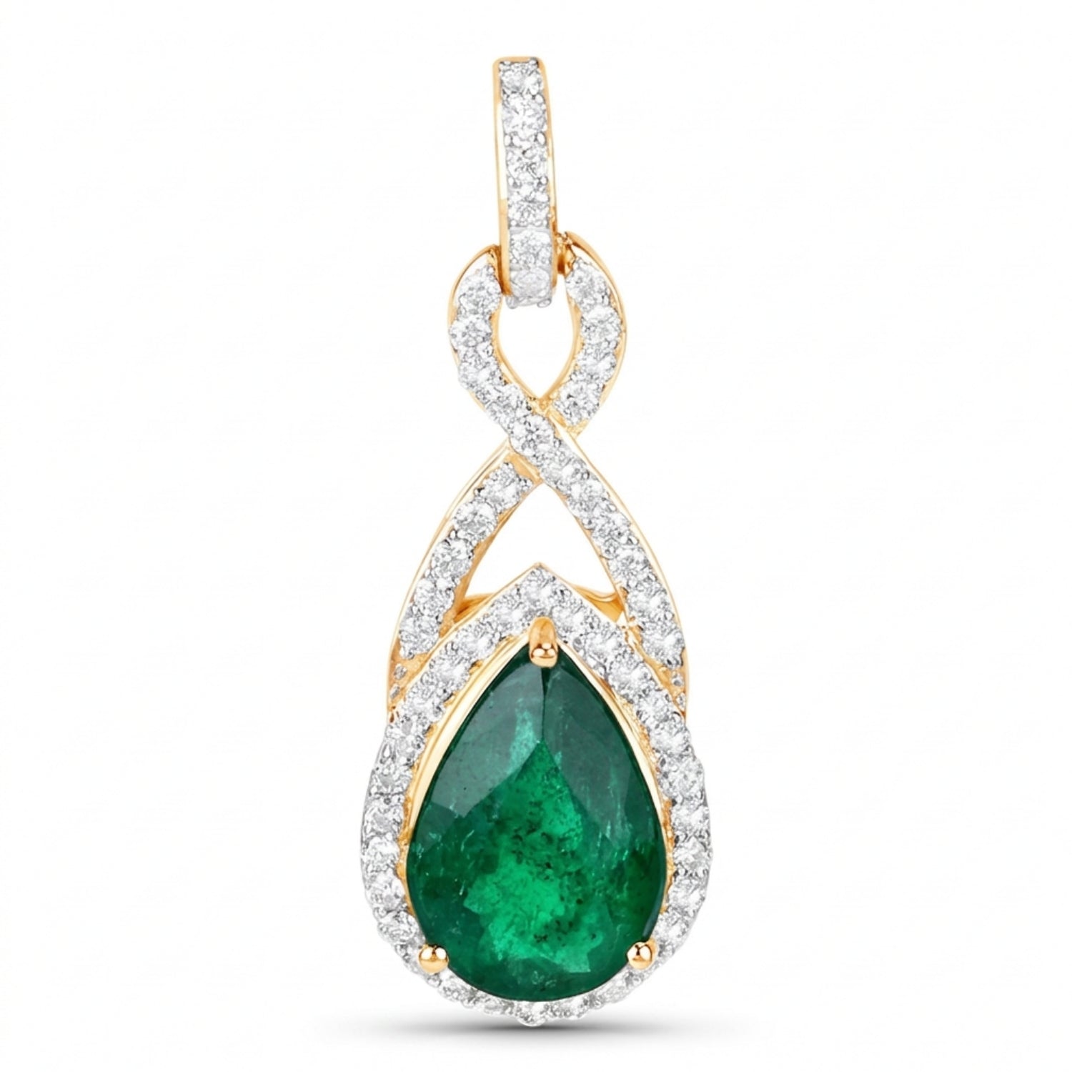 Genuine Zambian Emerald and White Diamond 14K Gold Crossover Pendant Only