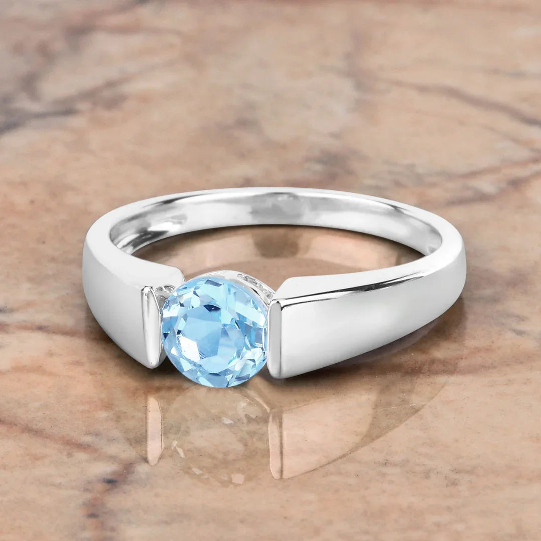 Sterling Silver Blue Topaz Solitaire Unisex Ring