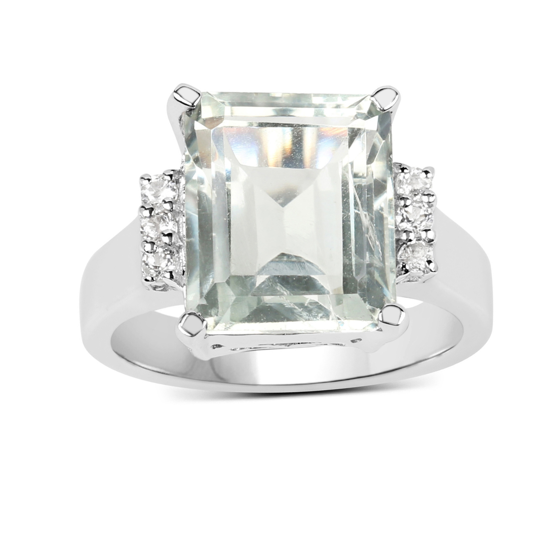 Anillo solitario de plata de ley con amatista verde y topacio blanco