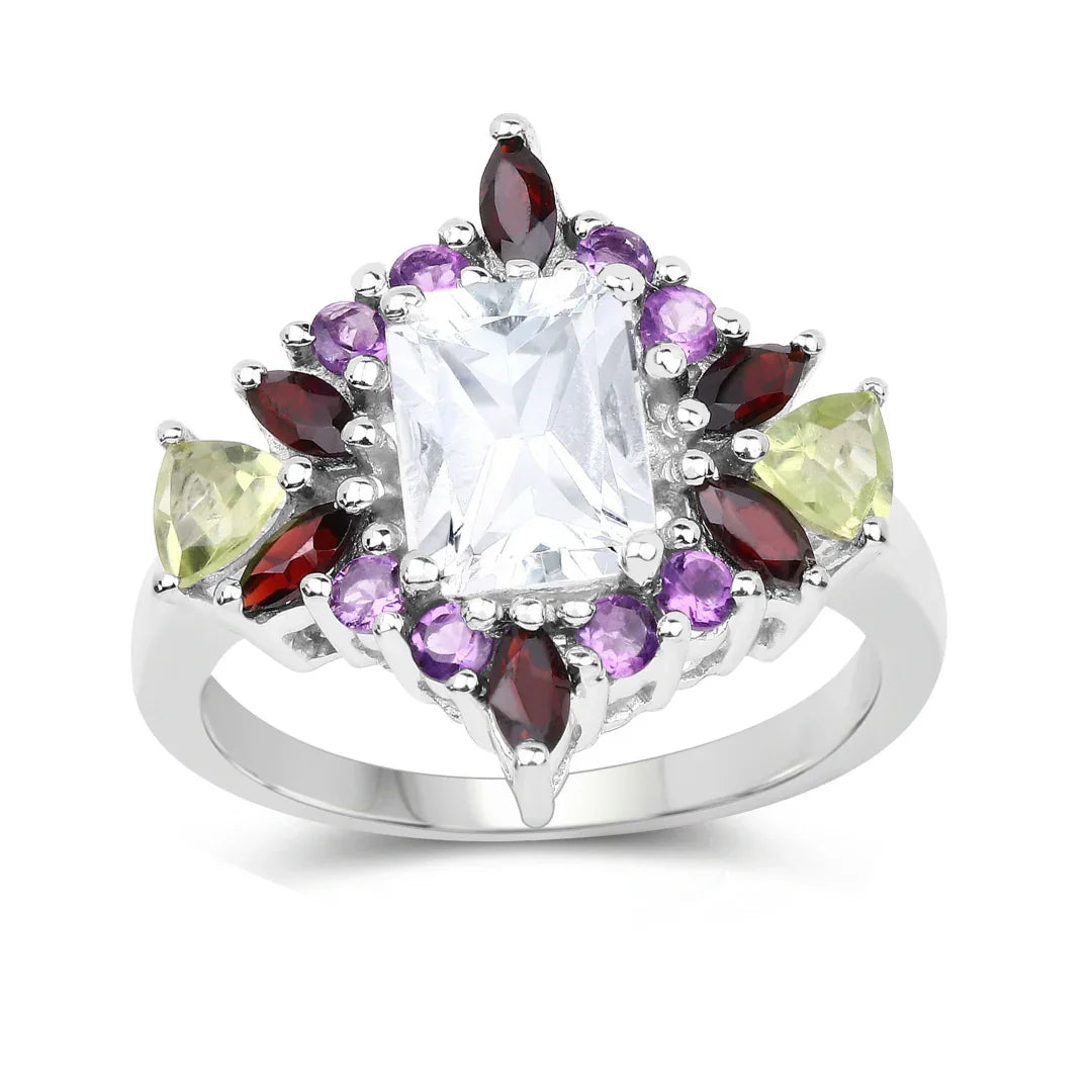 Anillo de cóctel de plata de ley con múltiples piedras y topacio blanco
