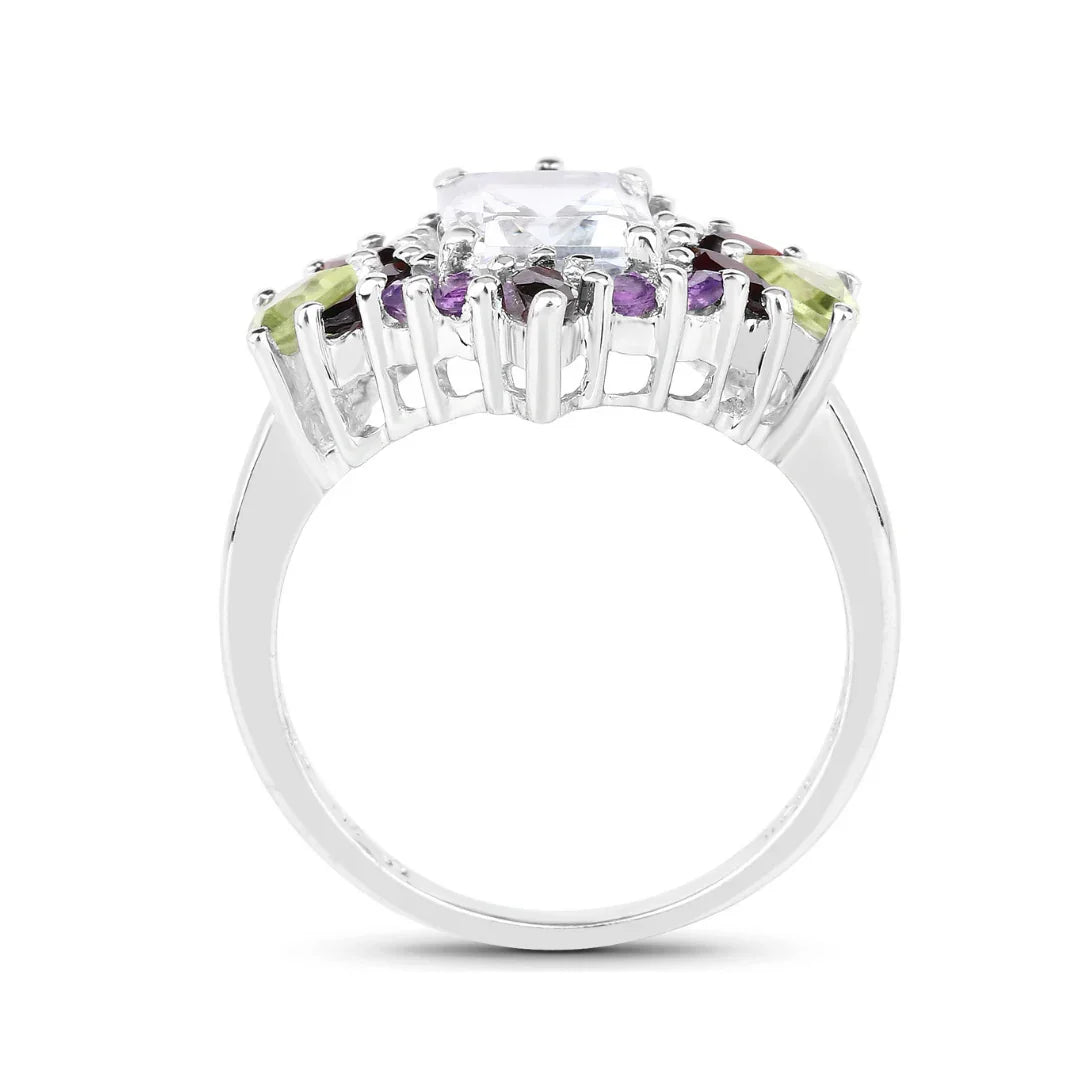 Anillo de cóctel de plata de ley con múltiples piedras y topacio blanco