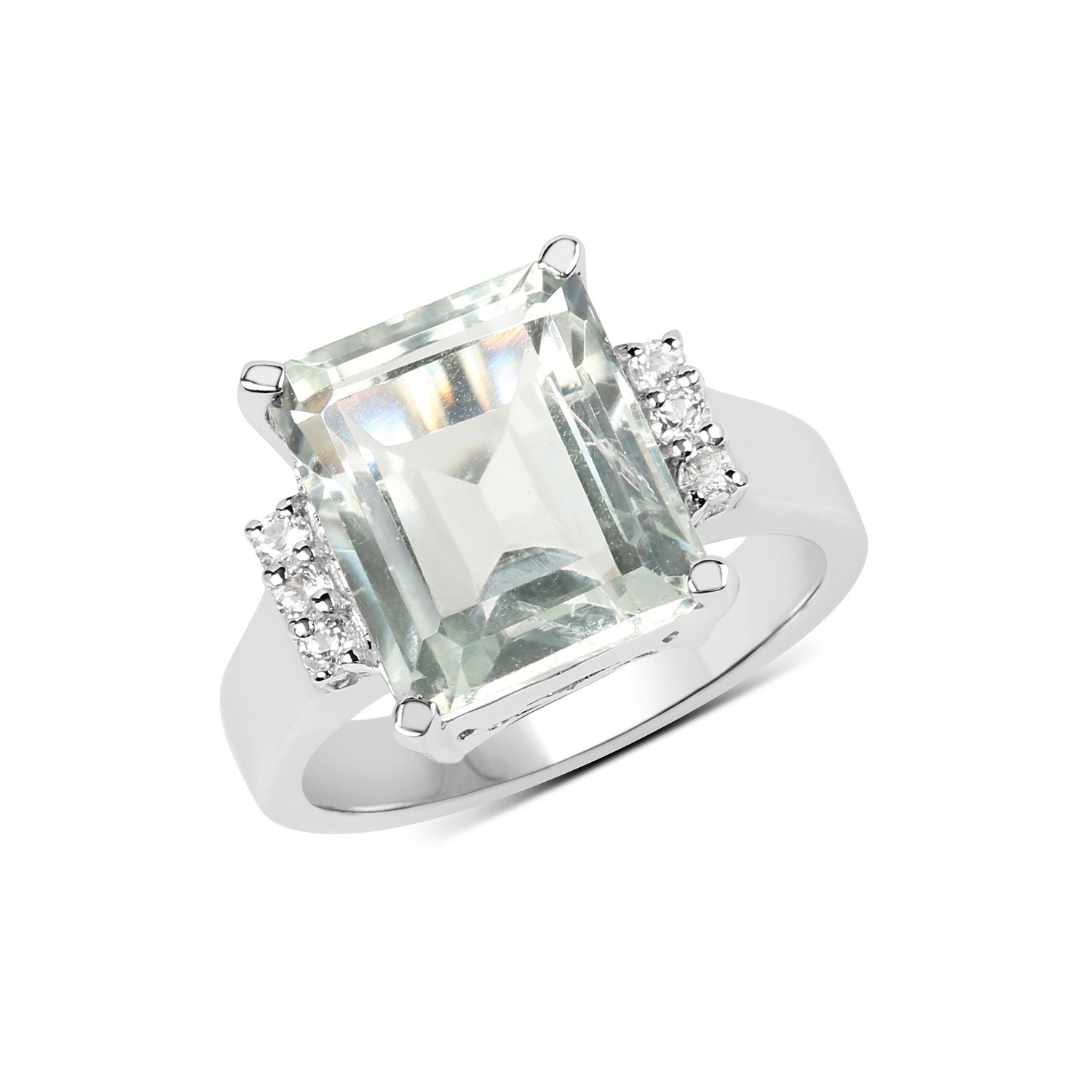 Anillo solitario de plata de ley con amatista verde y topacio blanco
