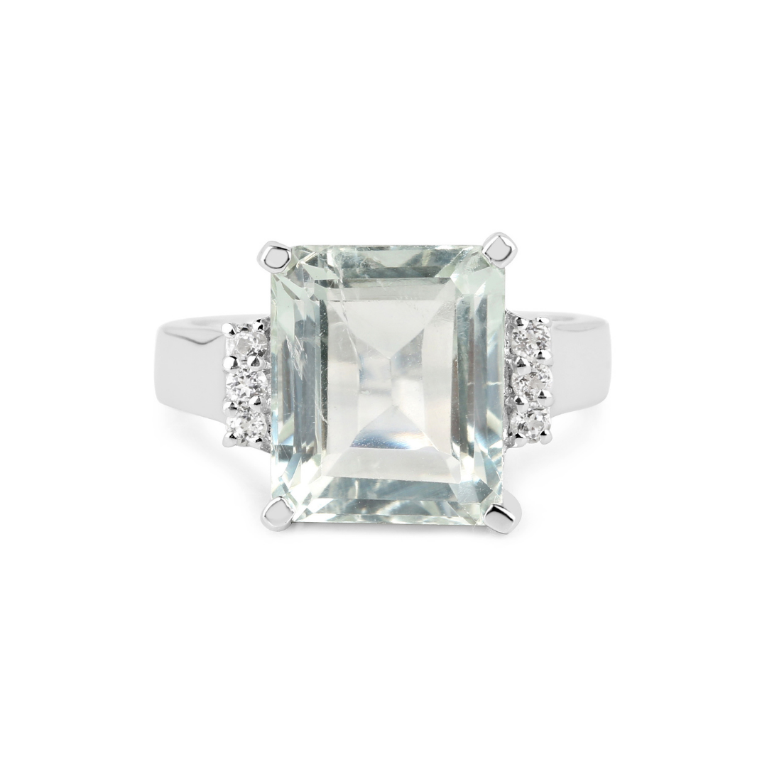 Anillo solitario de plata de ley con amatista verde y topacio blanco