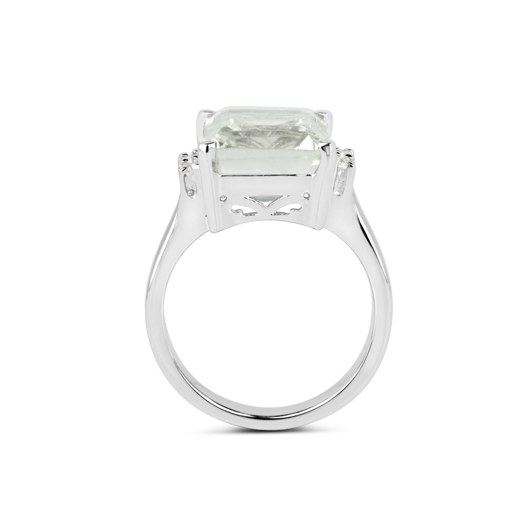Anillo solitario de plata de ley con amatista verde y topacio blanco