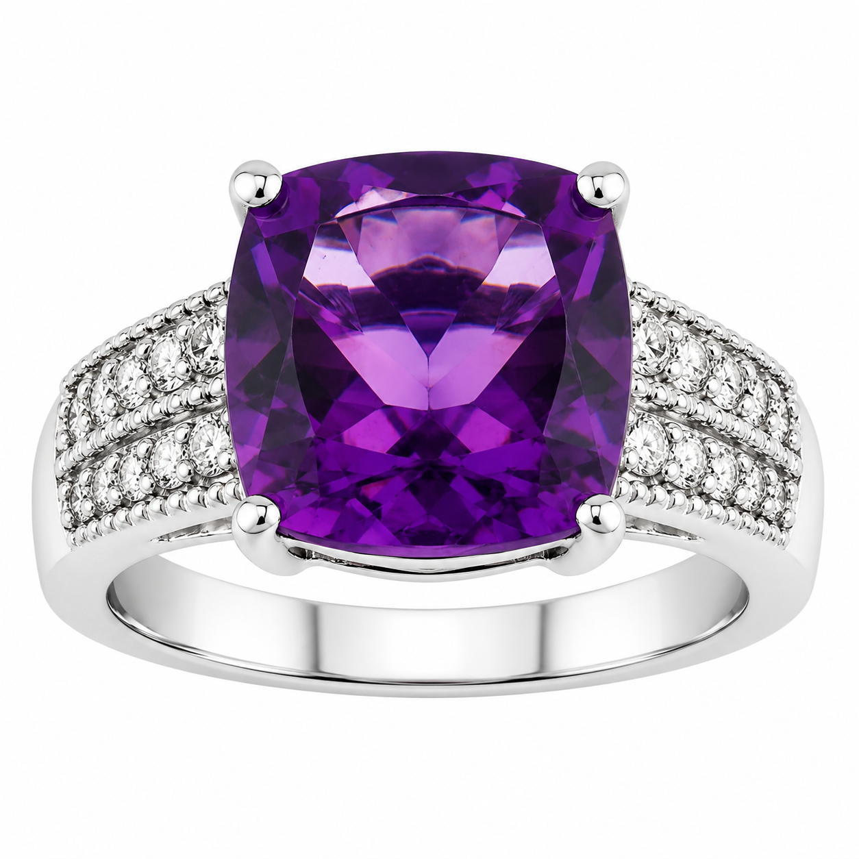 2.77 Ct Cushion Purple Amethyst and Lab Diamond Prong Silver Pave Bridge Ring