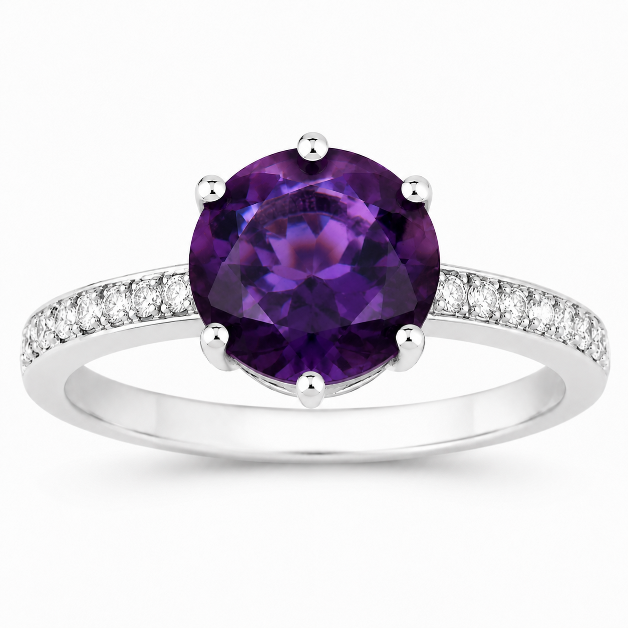 2.56 Ct Round Purple Amethyst and Lab Diamond Prong Silver Pave Bridge Ring