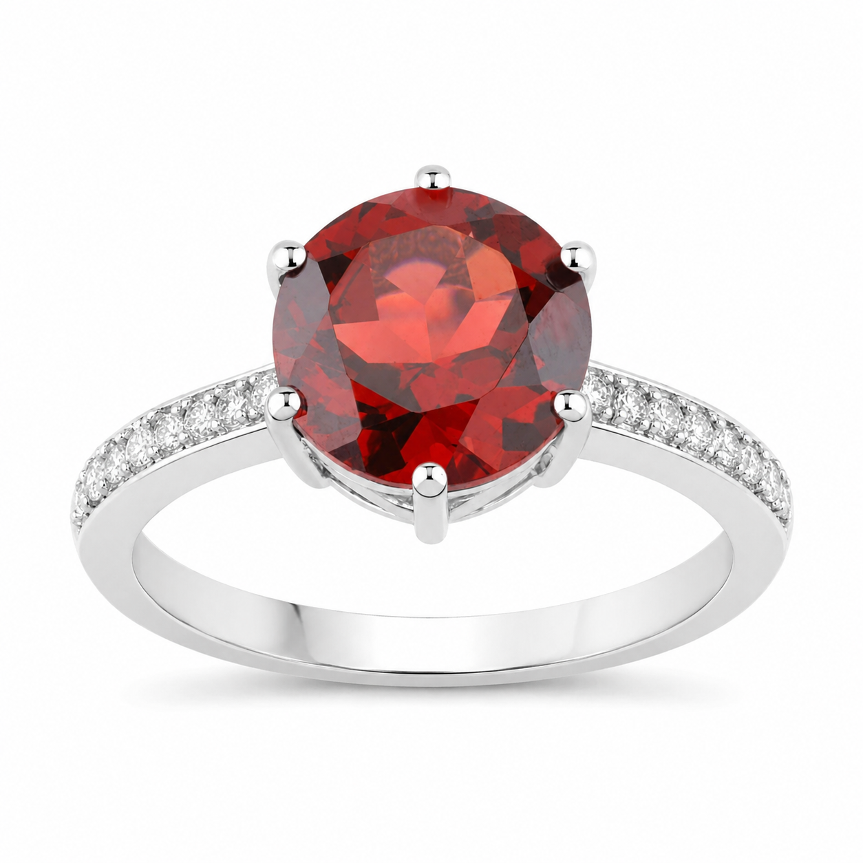 3.41 Ct Round Red Mozambique Garnet and Lab Diamond Prong Silver Pave Bridge Ring