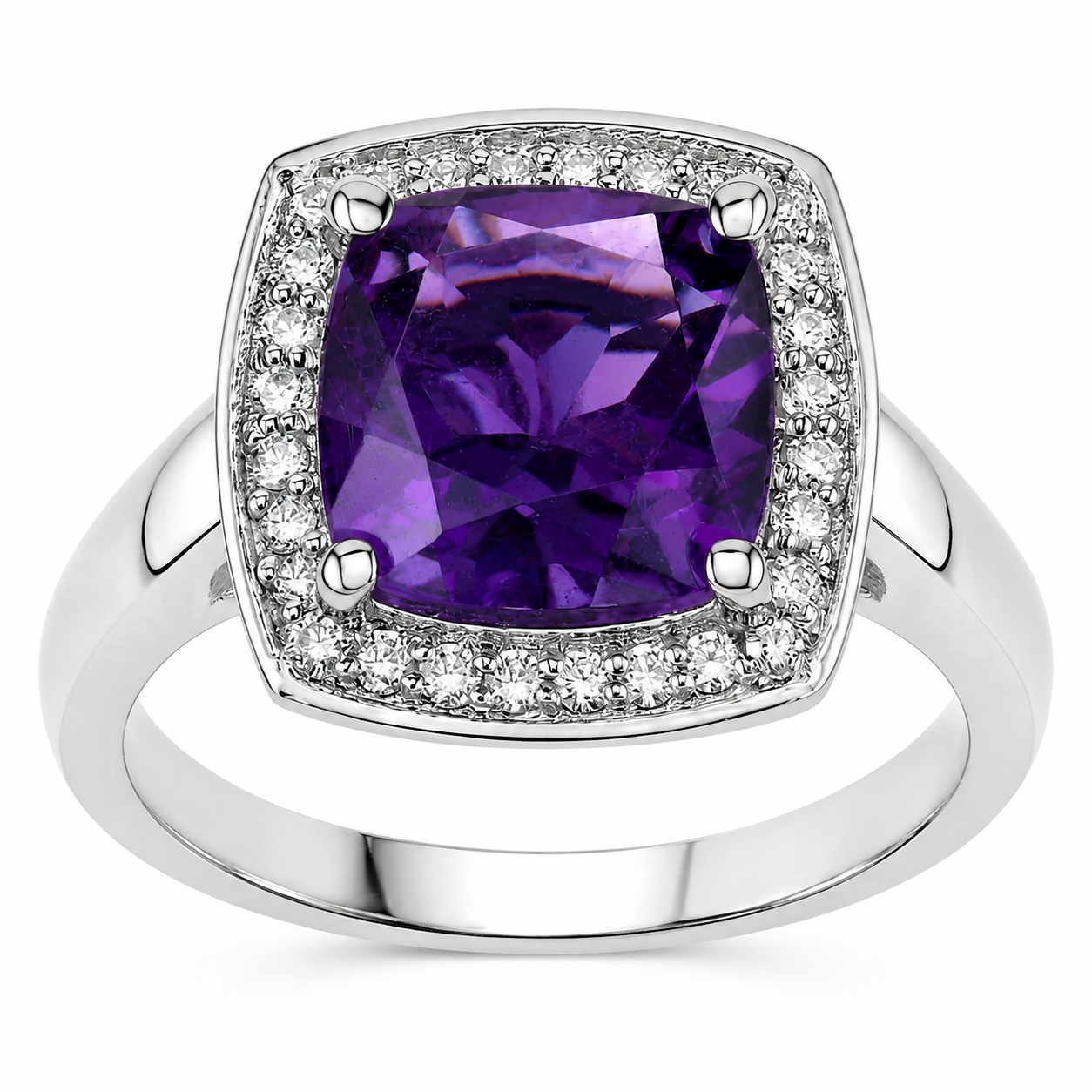 1.97 Ct Cushion Purple Amethyst and Lab Diamond Prong Silver Halo Cocktail Ring