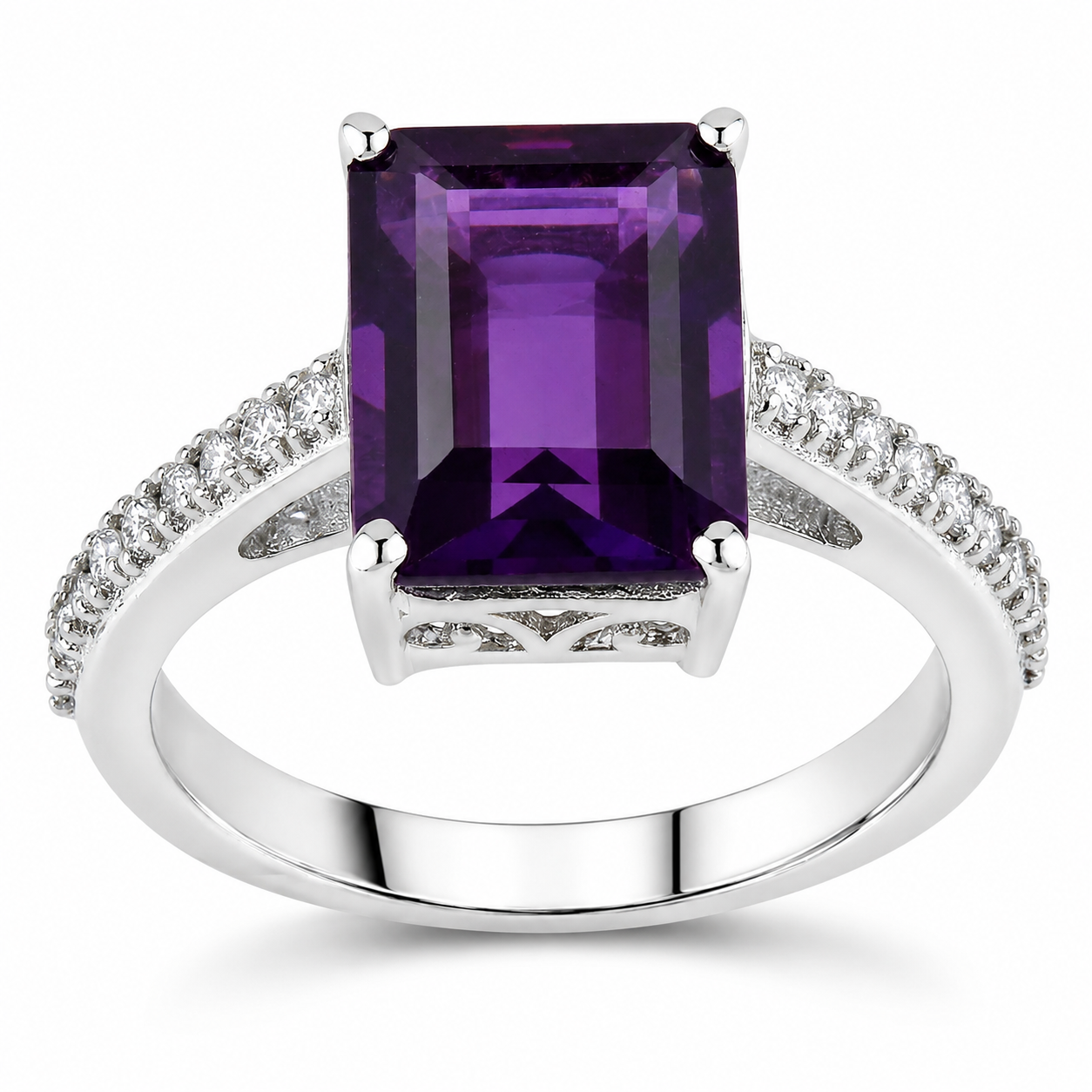 3.43 Ct Octagon Purple Amethyst and Lab Diamond Prong Silver Pave Bridge Ring