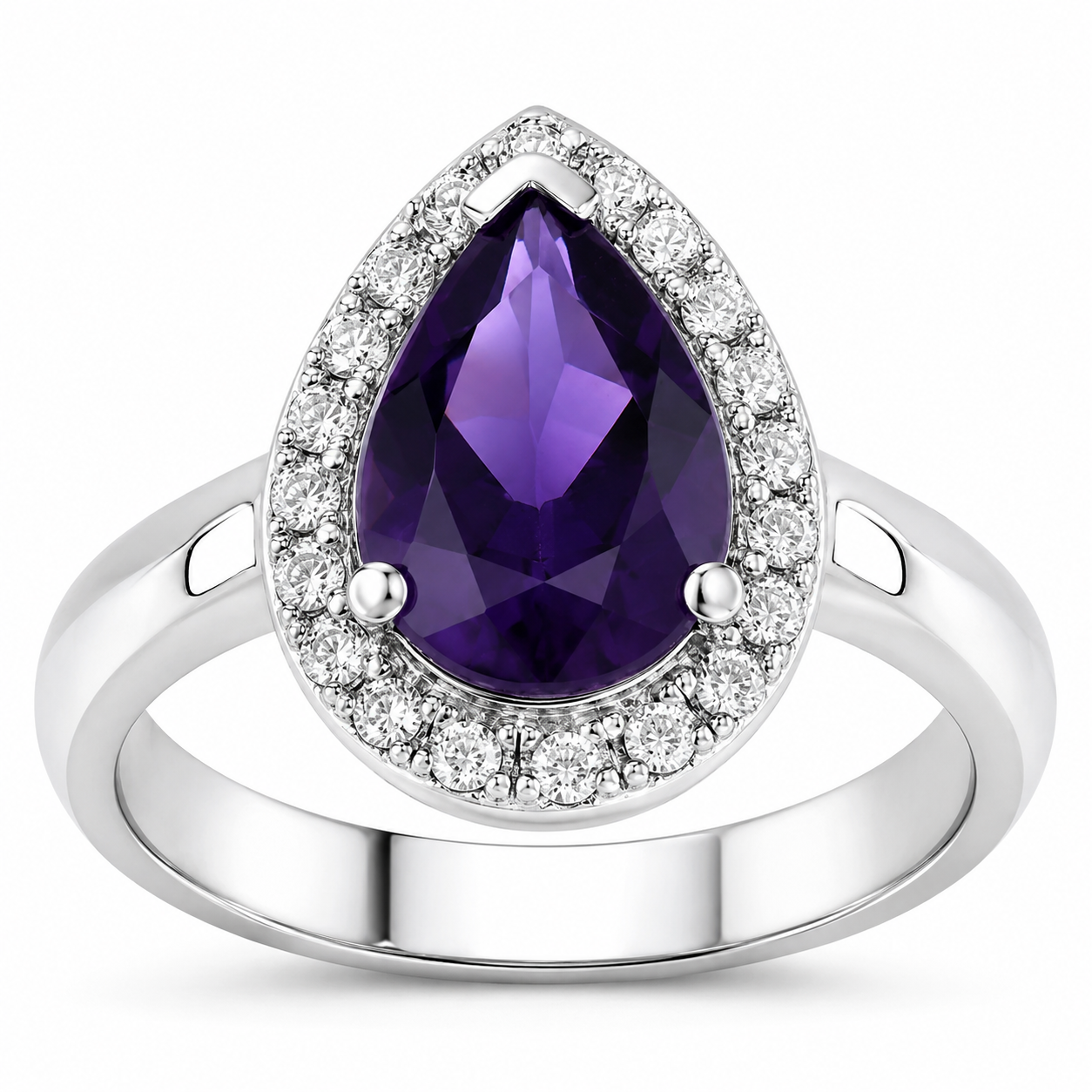 1.33 Ct Pear Purple Amethyst and Lab Diamond Prong Silver Halo Teardrop Ring