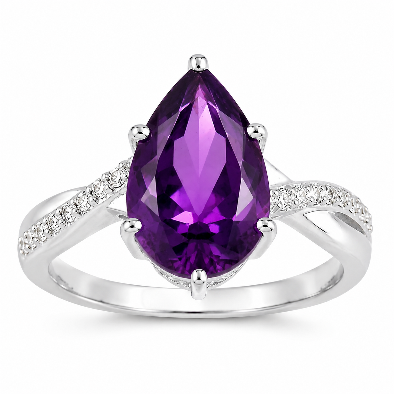 2.62 Ct Pear Purple Amethyst and Lab Diamond Prong Silver Pave Solitaire Bypass Ring