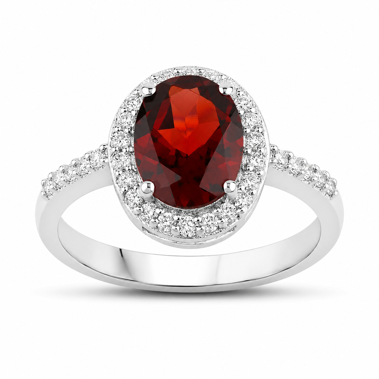 2.32 Ct Oval Red Mozambique Garnet and Lab Diamond Prong Silver Halo Pave Ring