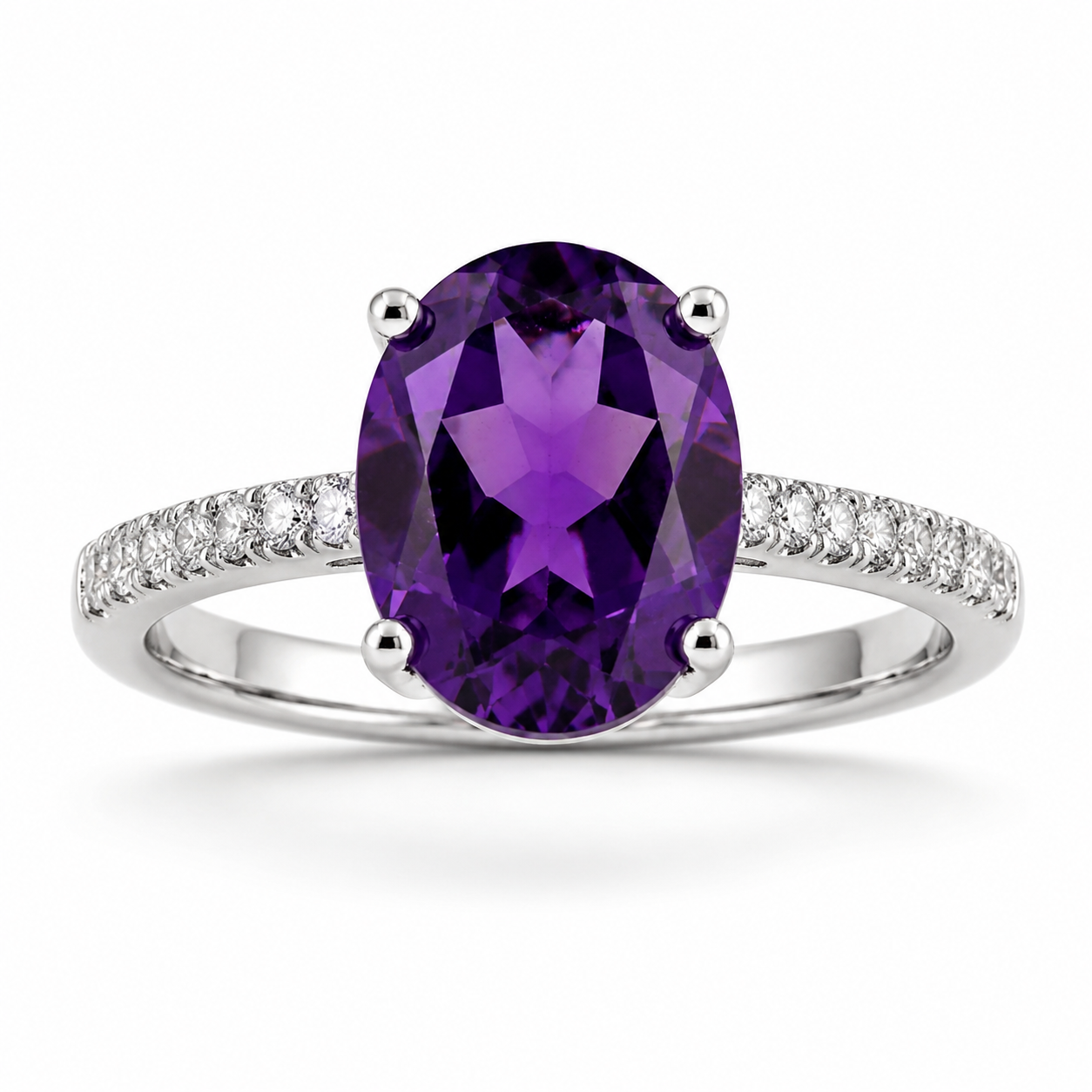 2.36 Ct Oval Purple Amethyst and Lab Diamond Prong Silver Pave Cocktail Ring