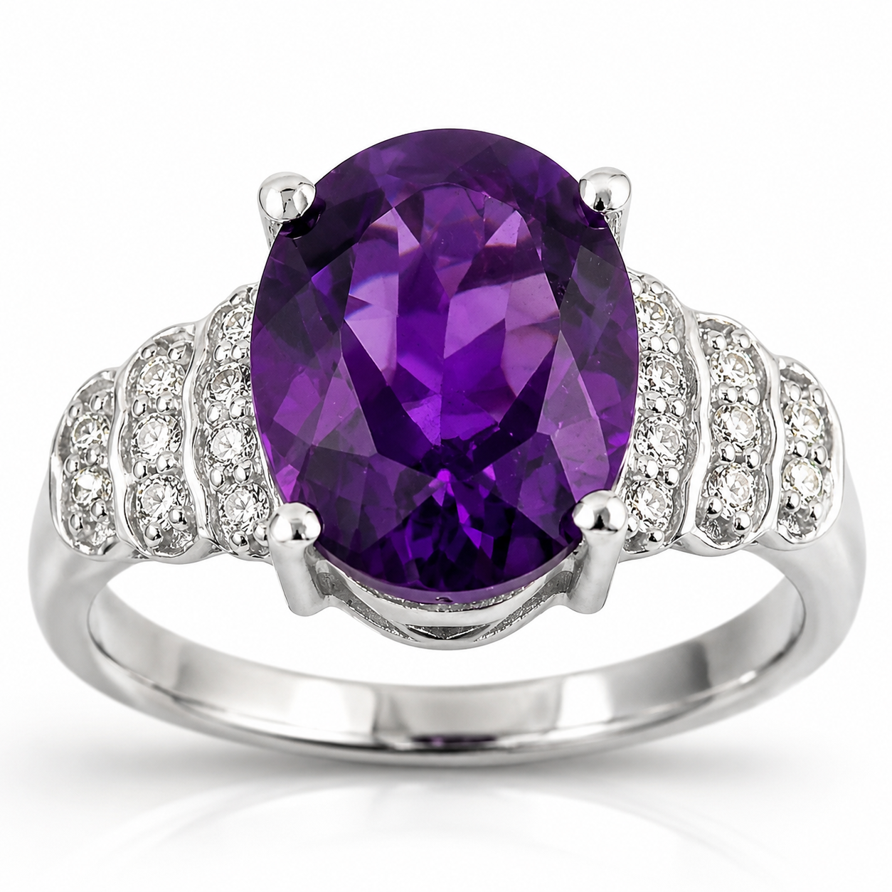 2.34 Ct Oval Purple Amethyst and Lab Diamond Prong Silver Pave Bridge Ring