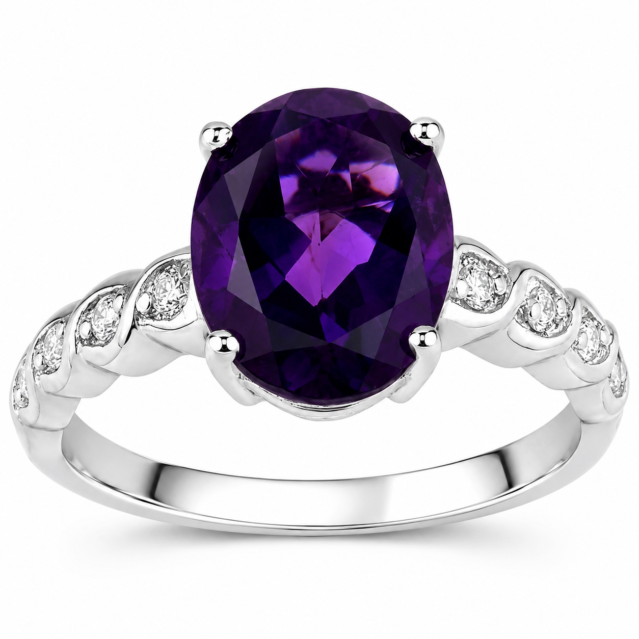 2.35 Ct Oval Purple Amethyst and Lab Diamond Prong Silver Solitaire Cocktail Bridge Ring