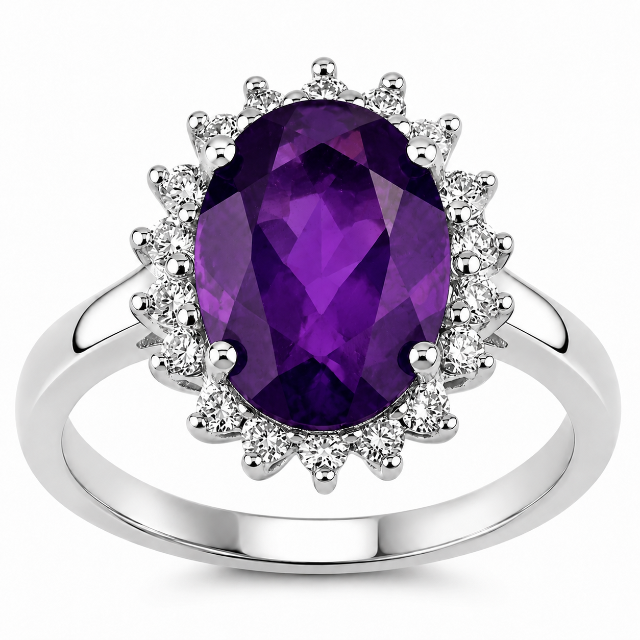 3.47 Ct Oval Purple Amethyst and Lab Diamond Prong Silver Halo Bridge Floral Ring
