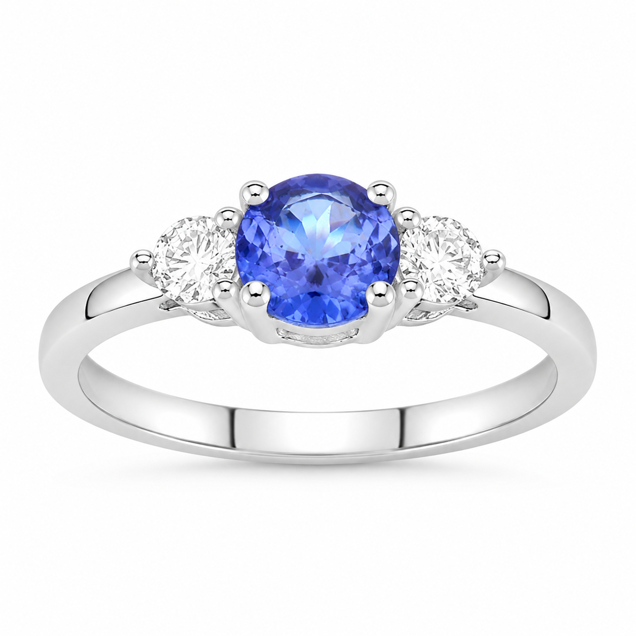 0.69 Ct Round Violet Tanzanite and Lab Grown Diamond Prong Silver Three Stone Ring